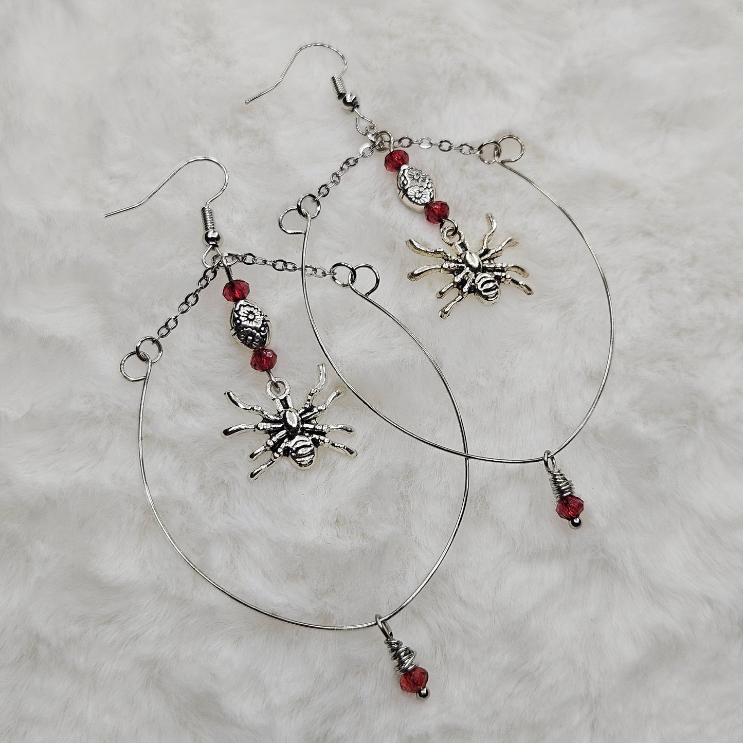 Silver Stainless Steel Hoops with Spider Dangles and Tiny Red Accents - 3½"