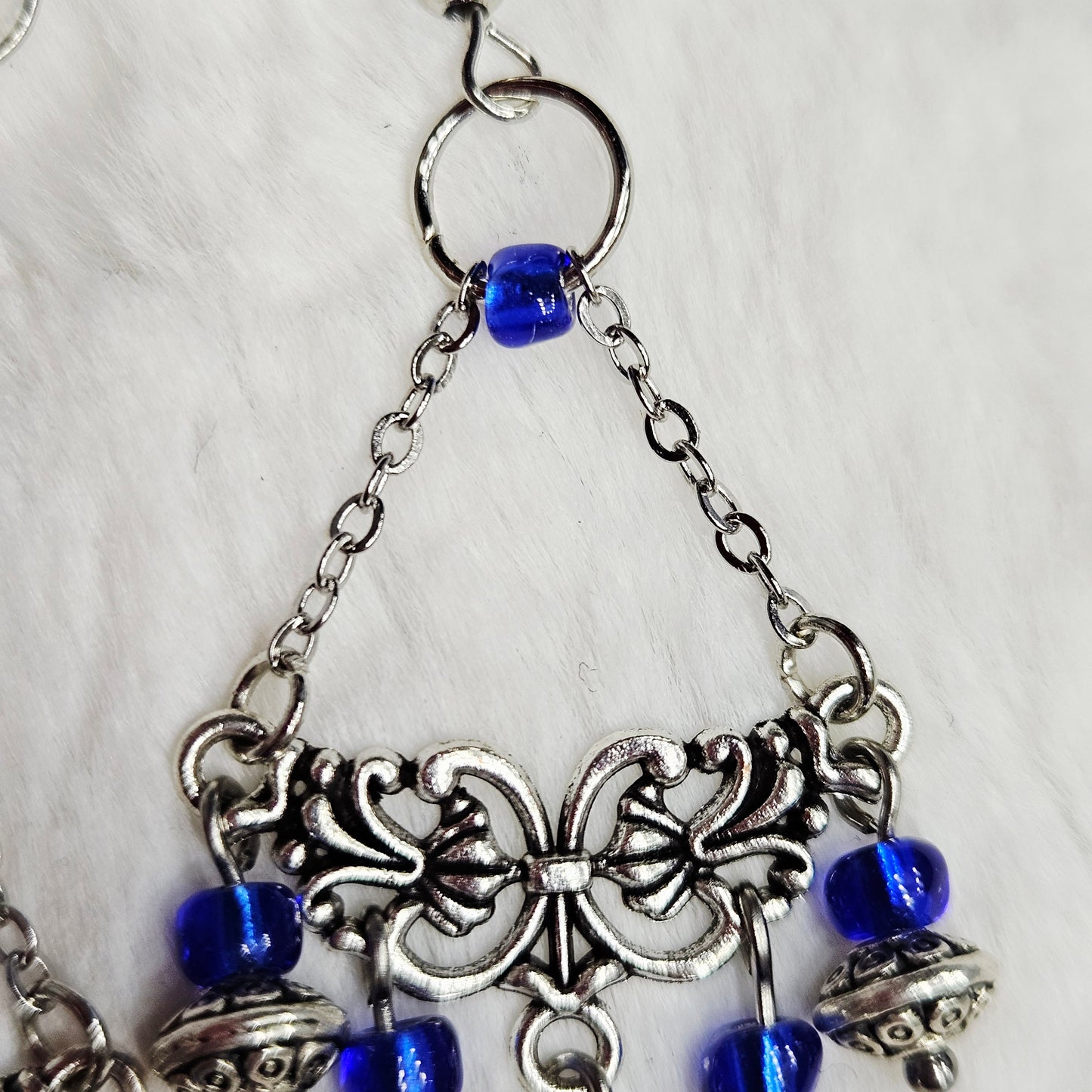 Tibetan Silver Chandelier Earrings on Chain with Blue Dangles