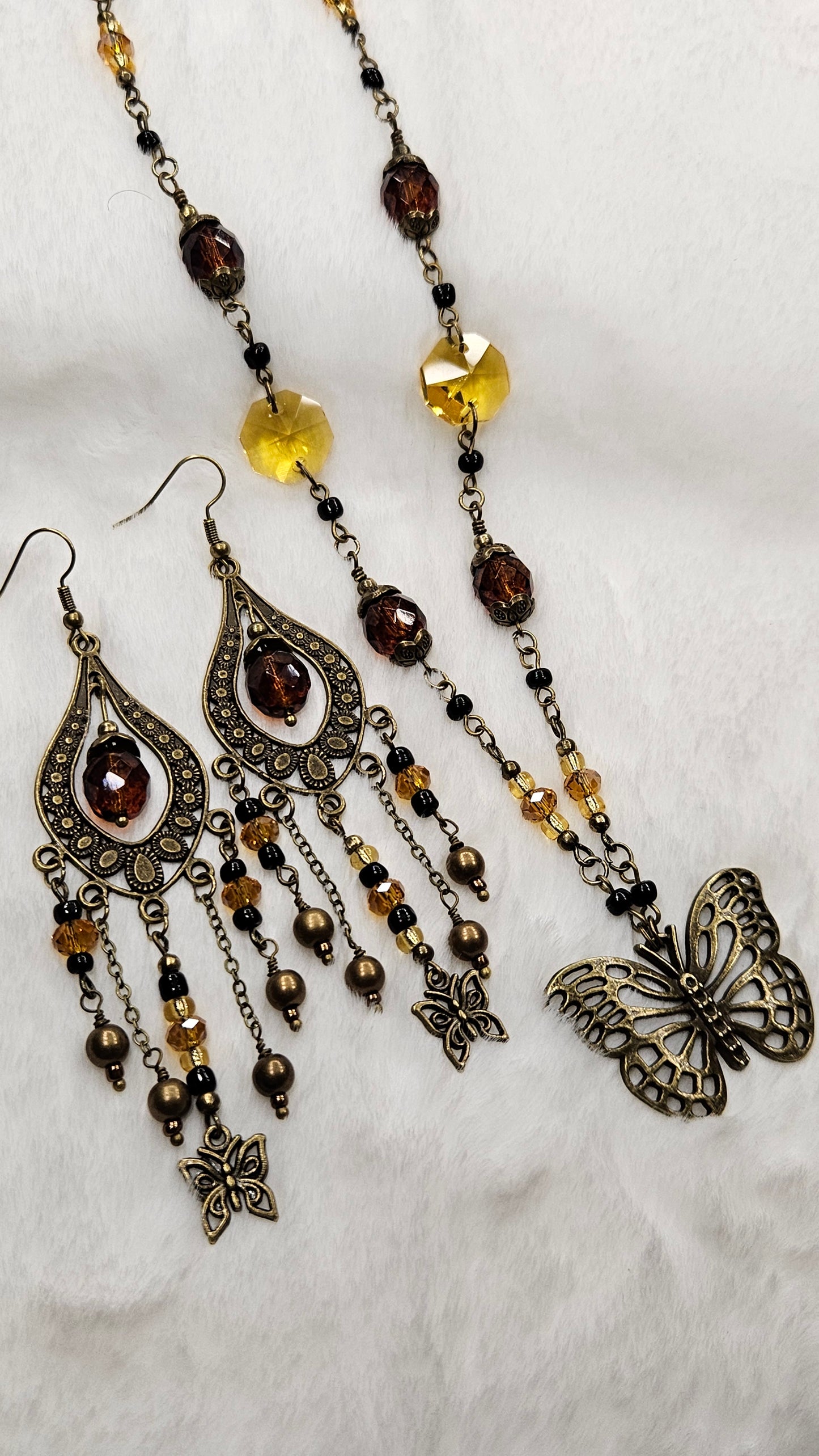 Large Brass Butterfly Pendant Necklace & Chandelier Earrings with Dark Amber and Golden Crystals