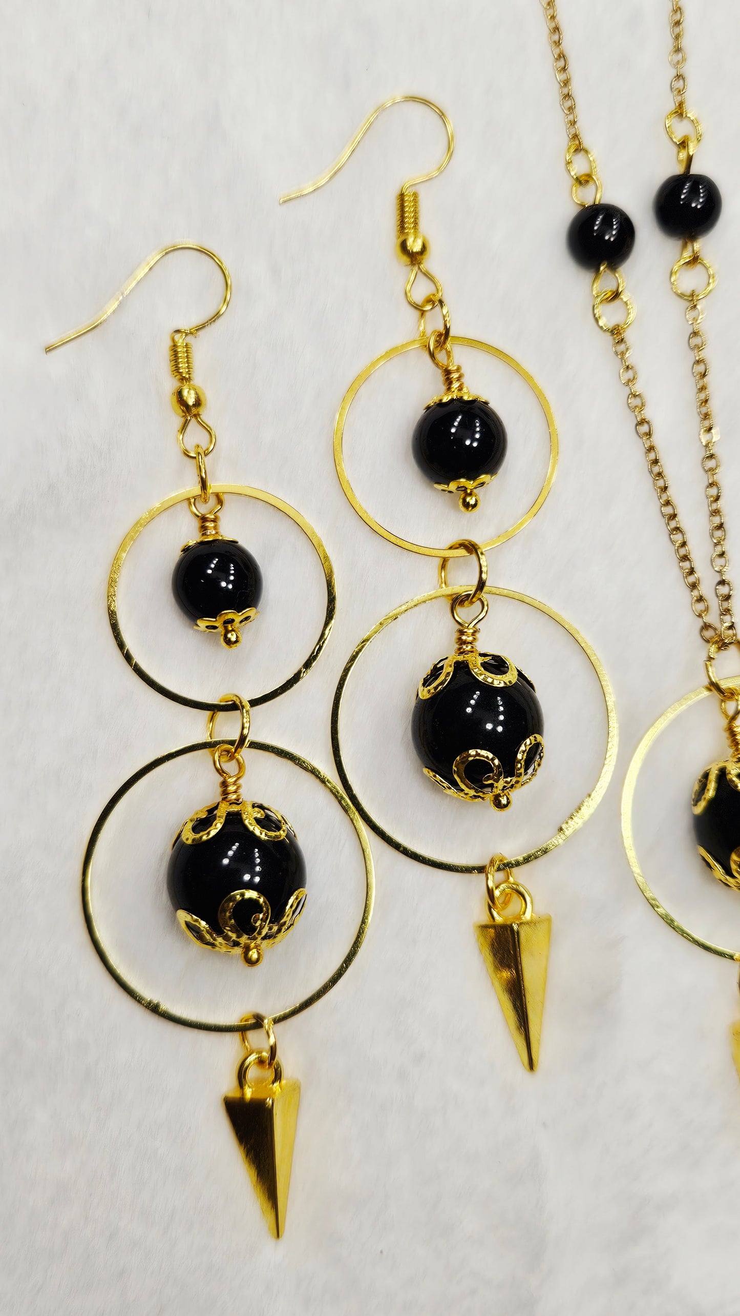 Soft & Sharp Set - Gold Hoops with Spikes and Gold Filigree Capped Black Glass Necklace and Earrings