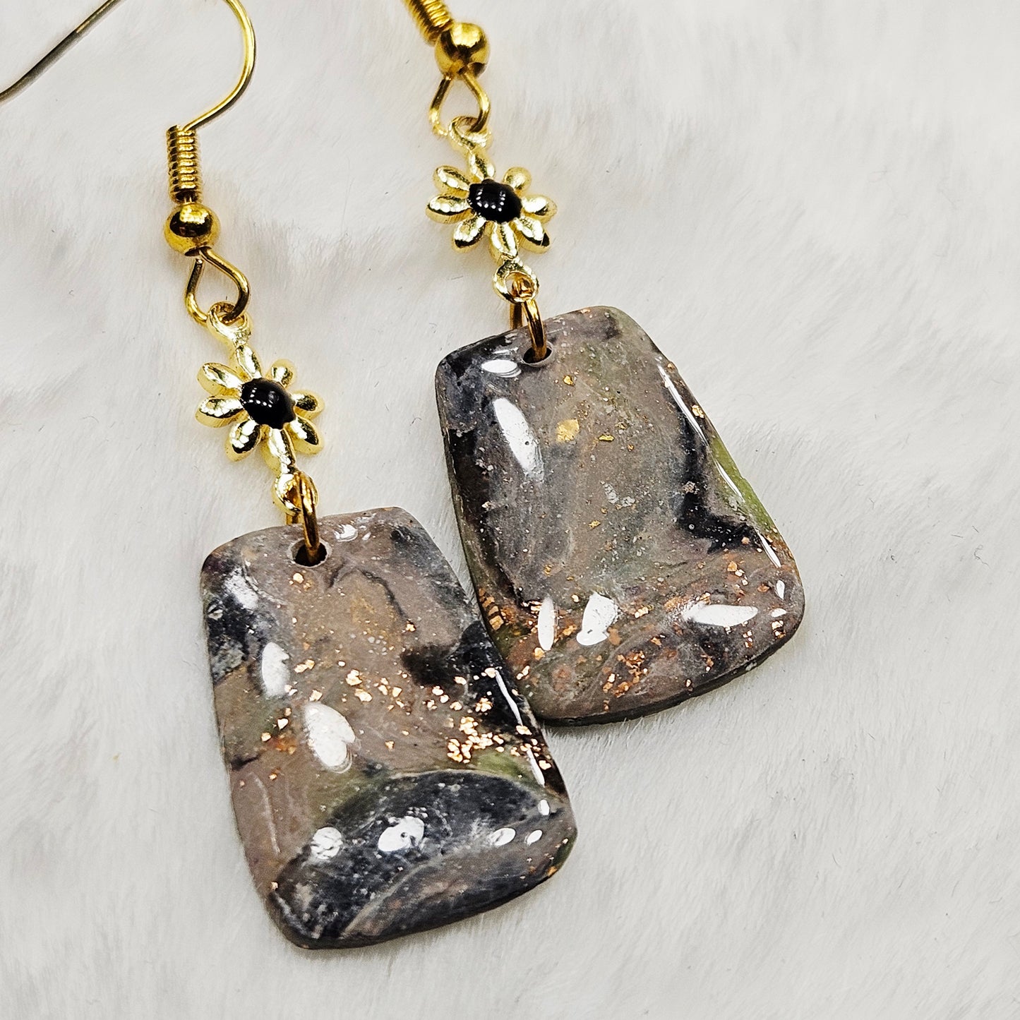 Black and Brown Gold Flake Marble Polymer Clay Earrings with Gold Flowers
