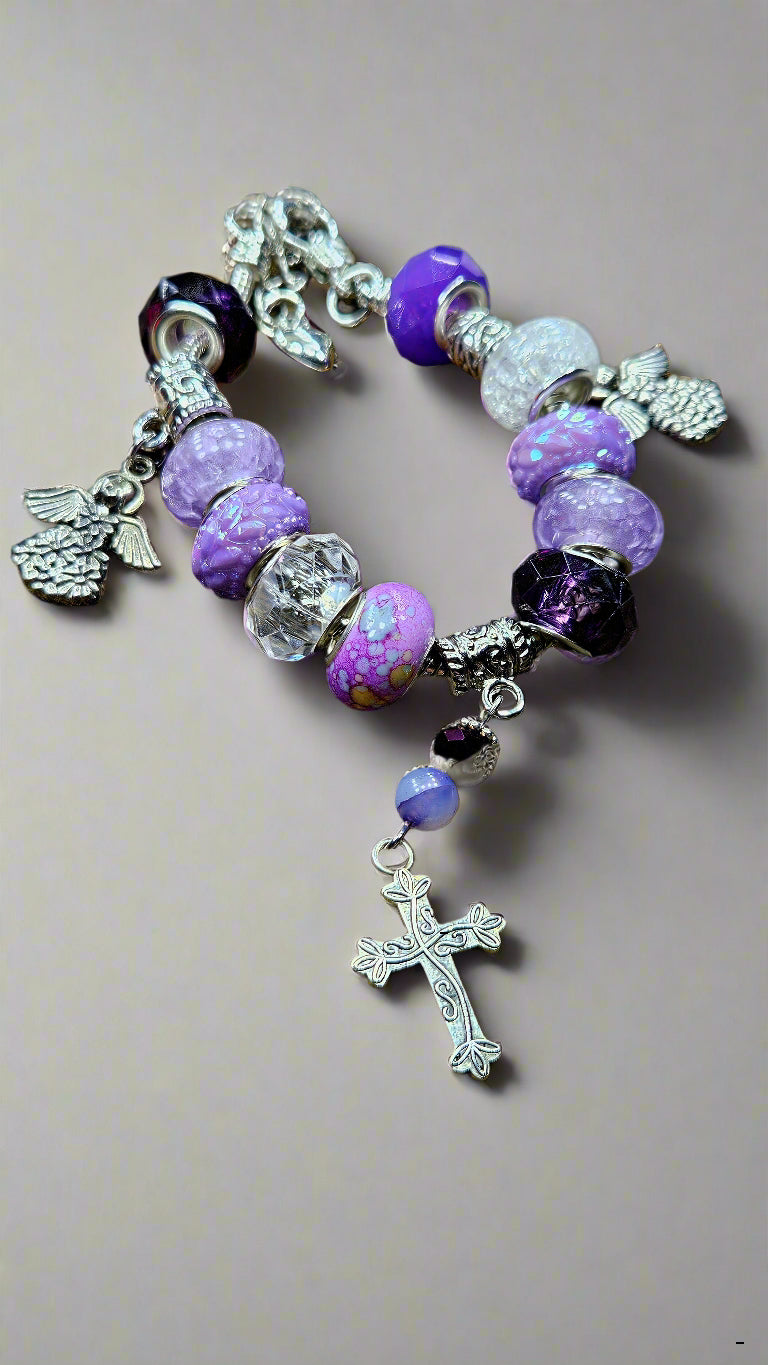 Precious Purple & Silver Angels & Cross Charm Bracelet