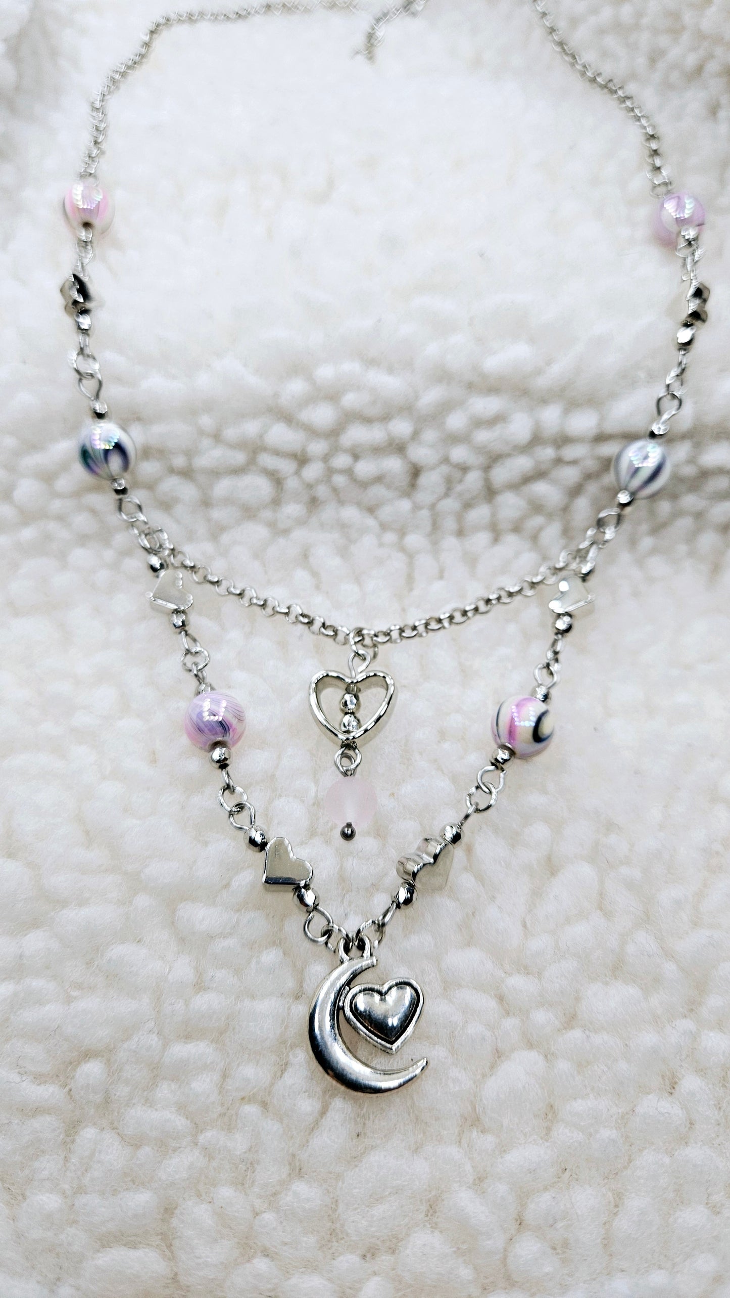 Pink Luna Love Set - Silver Moon-heart Pendant Necklace & Matching Moon-heart Charm Earrings