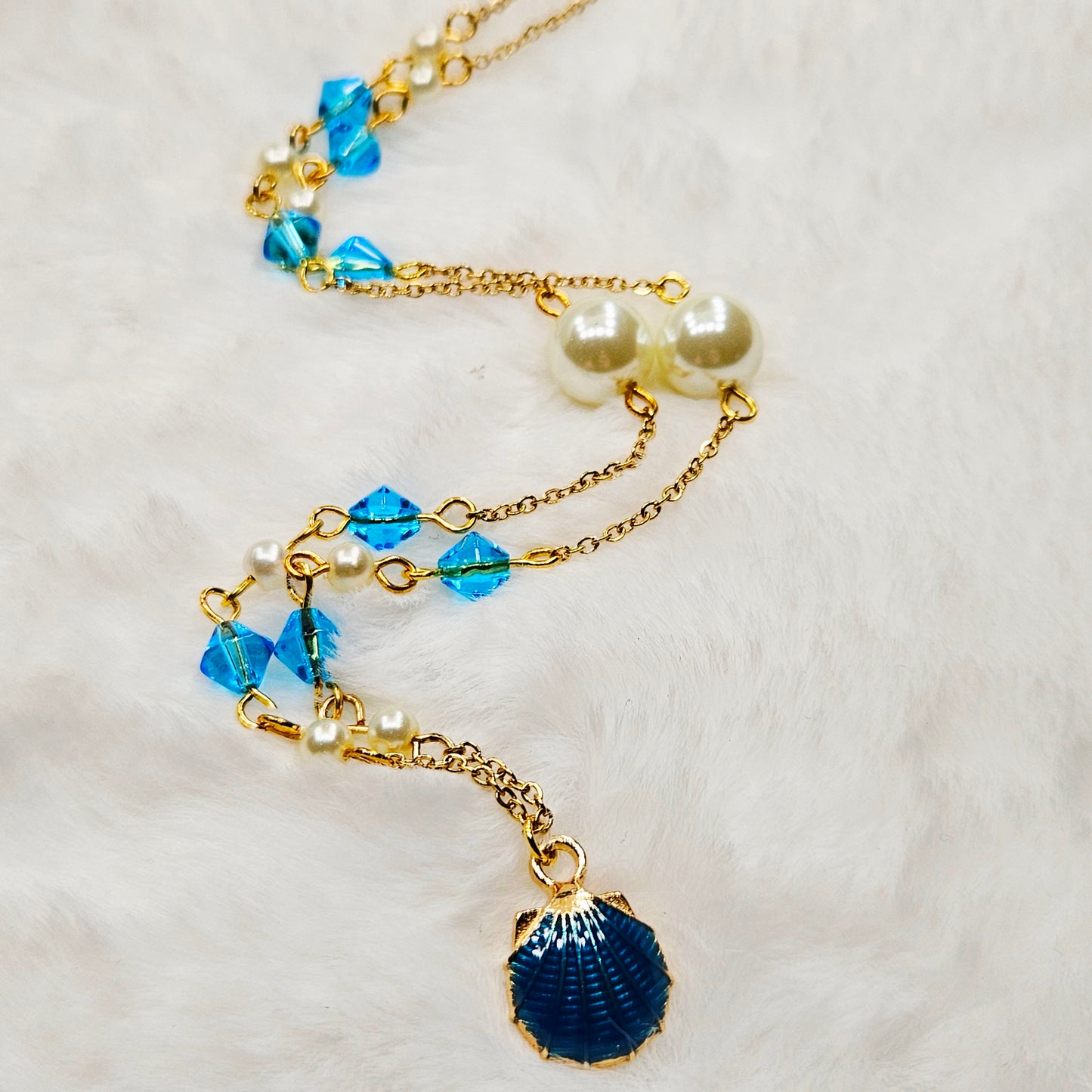 Blue Clam Shell Pendant Necklace with Light Blue Crystals and Pearls on Gold Chain