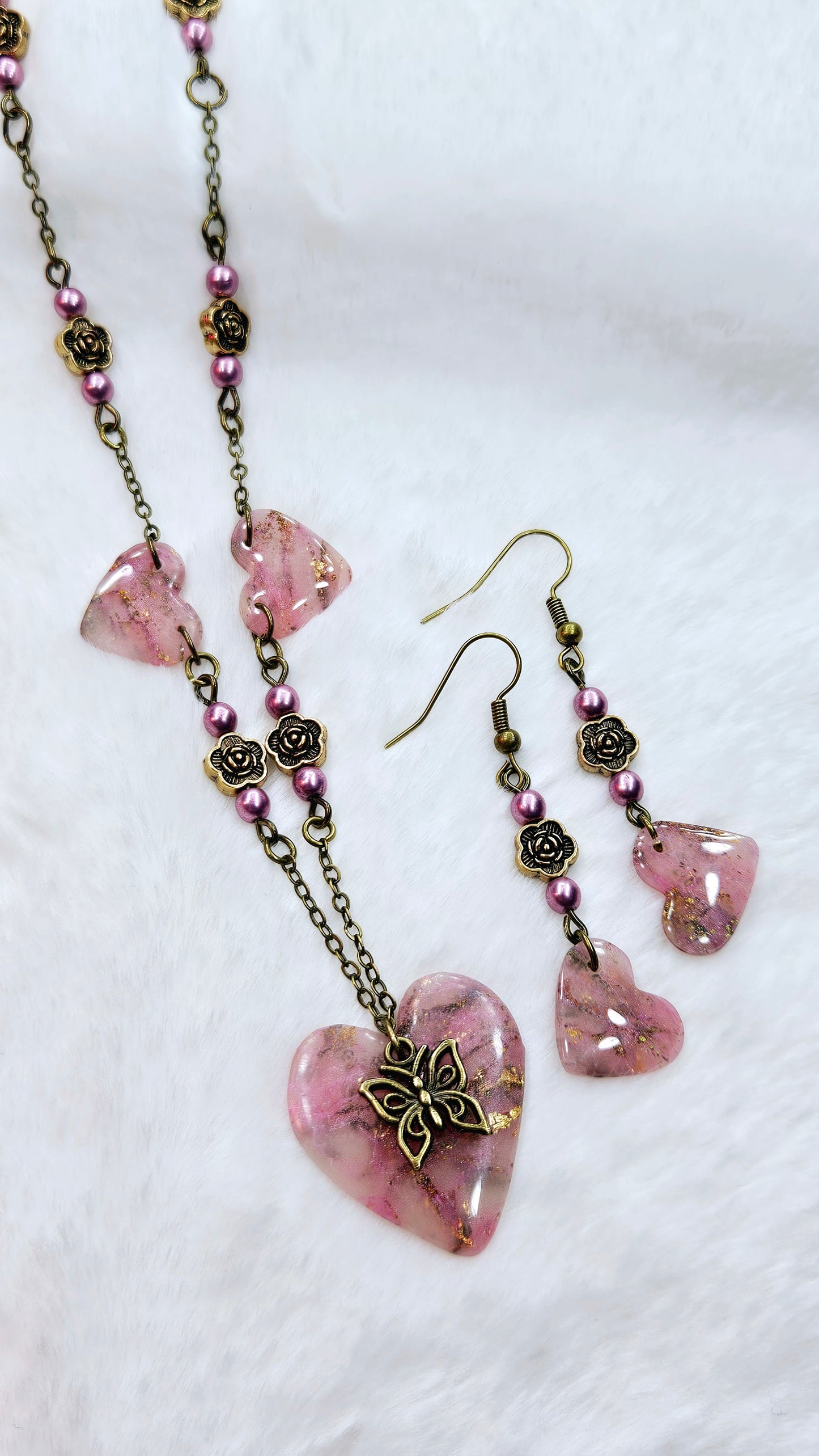 Pink Passion Marbled Clay Set: Pink Clay Hearts with Gold Fleck and Brass Butterfly Pendant Necklace with Matching Earrings