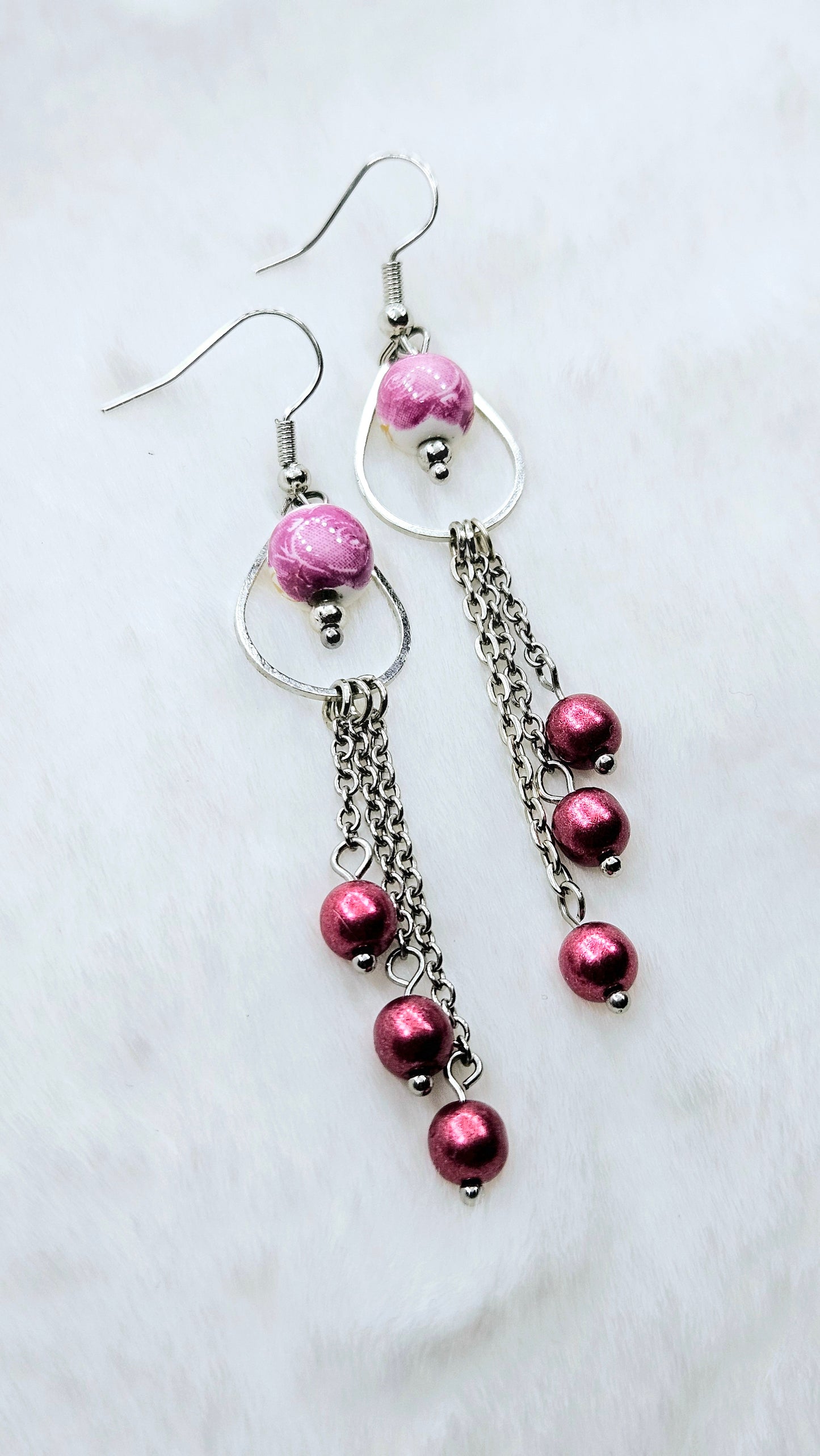 Rouge Red & Silver Teardrop Hoop with Beaded Chain Tassel Dangle Earrings