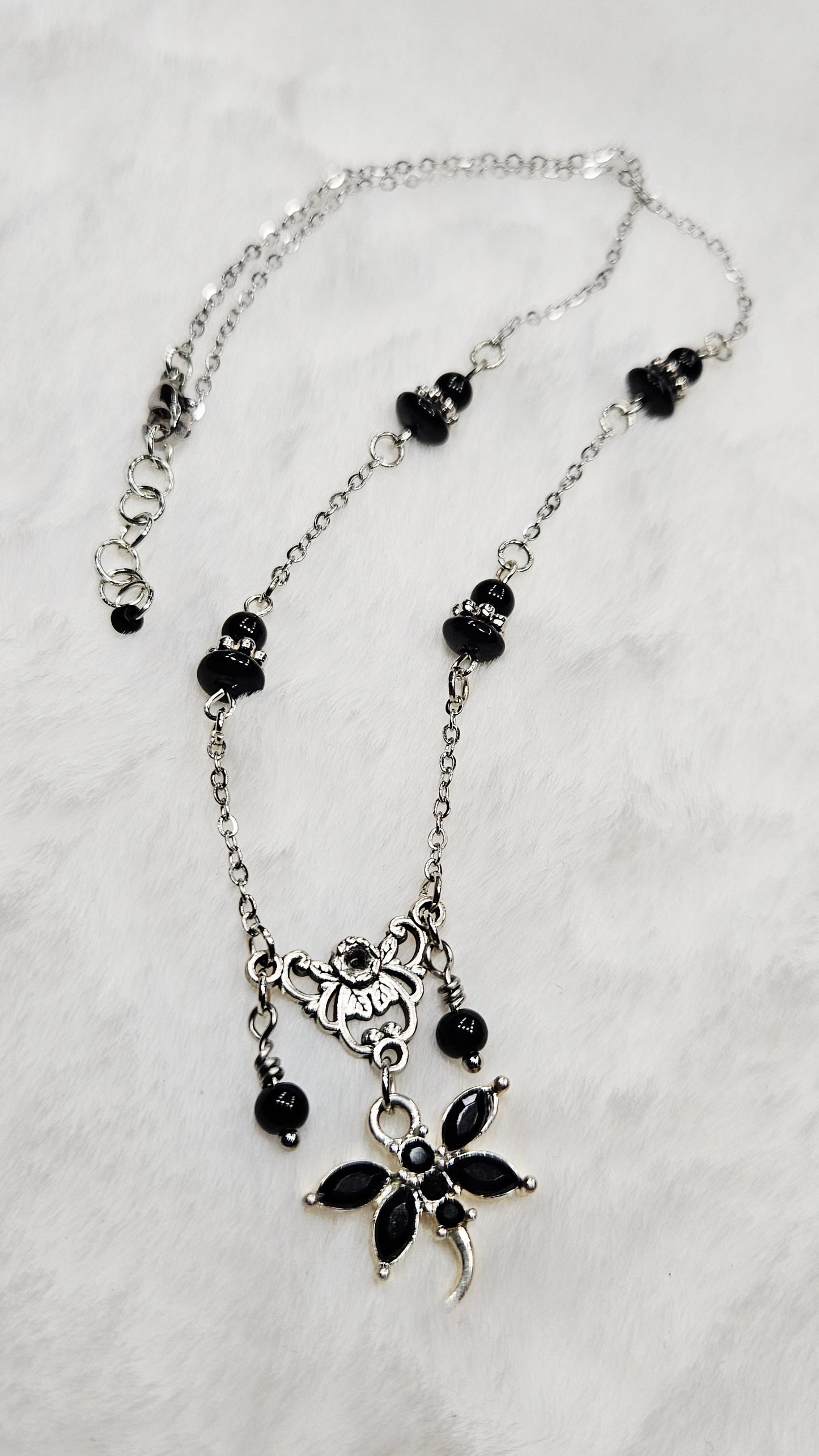 Vintage Filigree Set - Black Crystal Dragonfly and Silver Filigree Pendant Necklace with Earrings