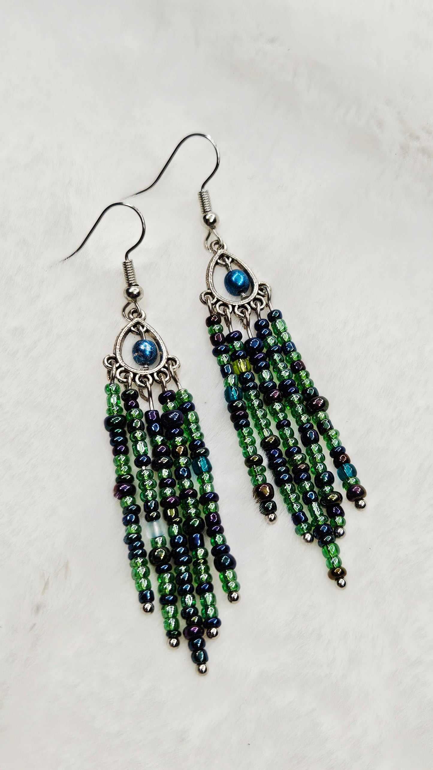 Long Silver Chandelier Earrings with Blue and Green Glass Beaded Tassels - 4"