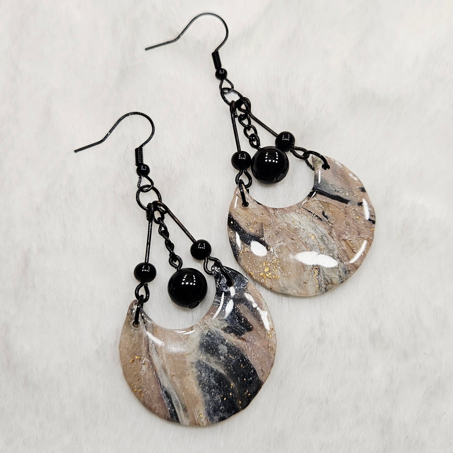 Black and Brown Gold Flake Marble Crescent Polymer Clay Earrings with Black Chain