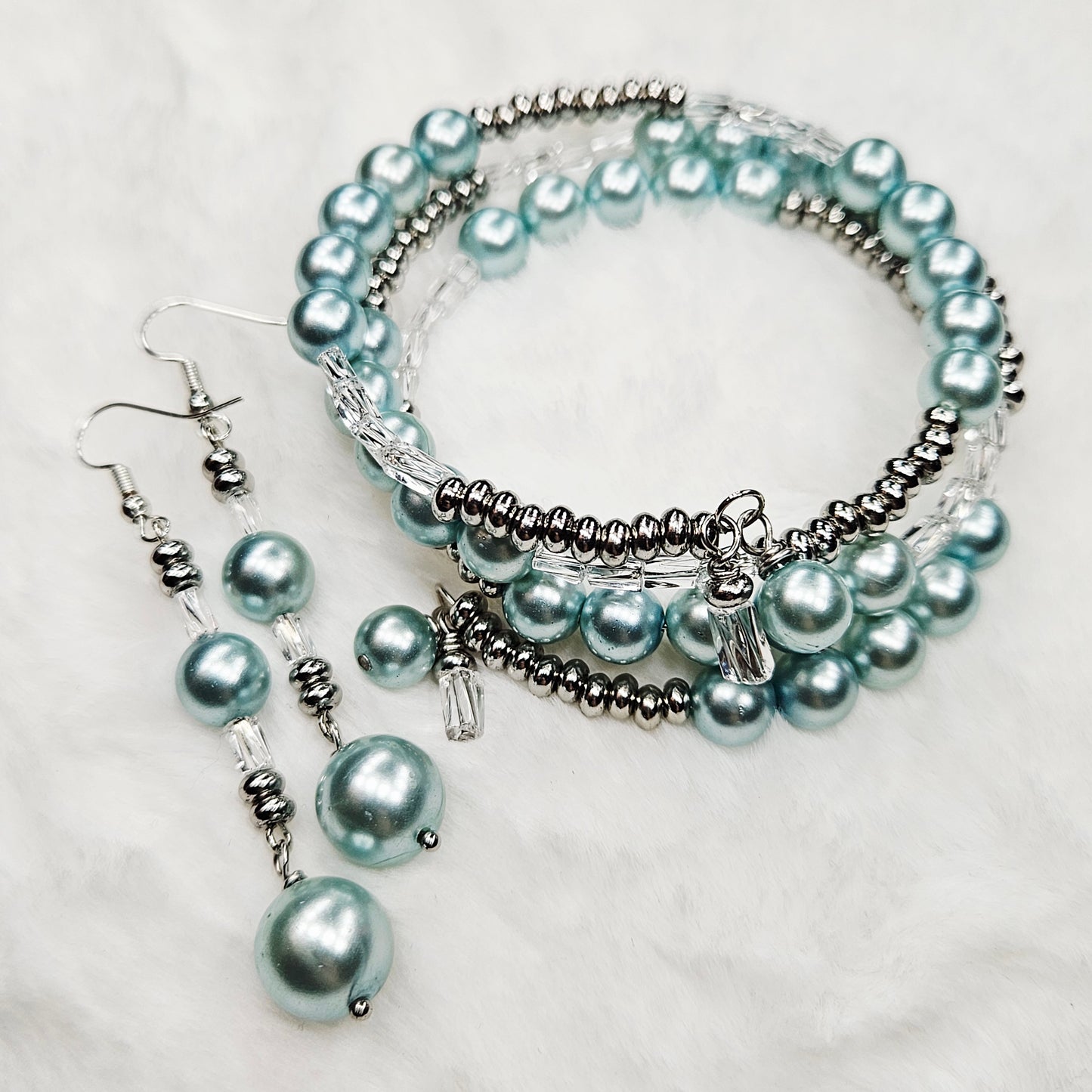 Cool Blue Pearl Wrap Bracelet and Earrings Set