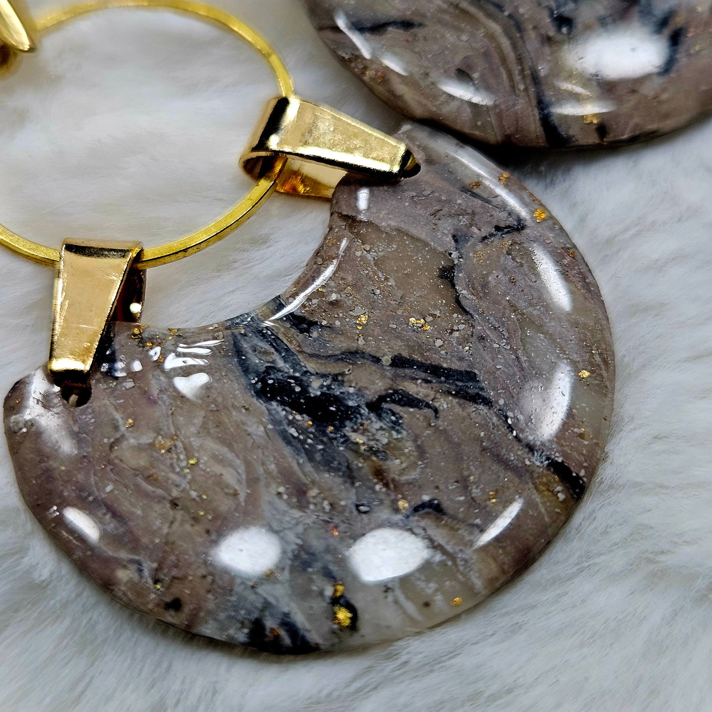 Black and Brown Marble Polymer Clay Earrings on Golden Hoops - 2⅜"