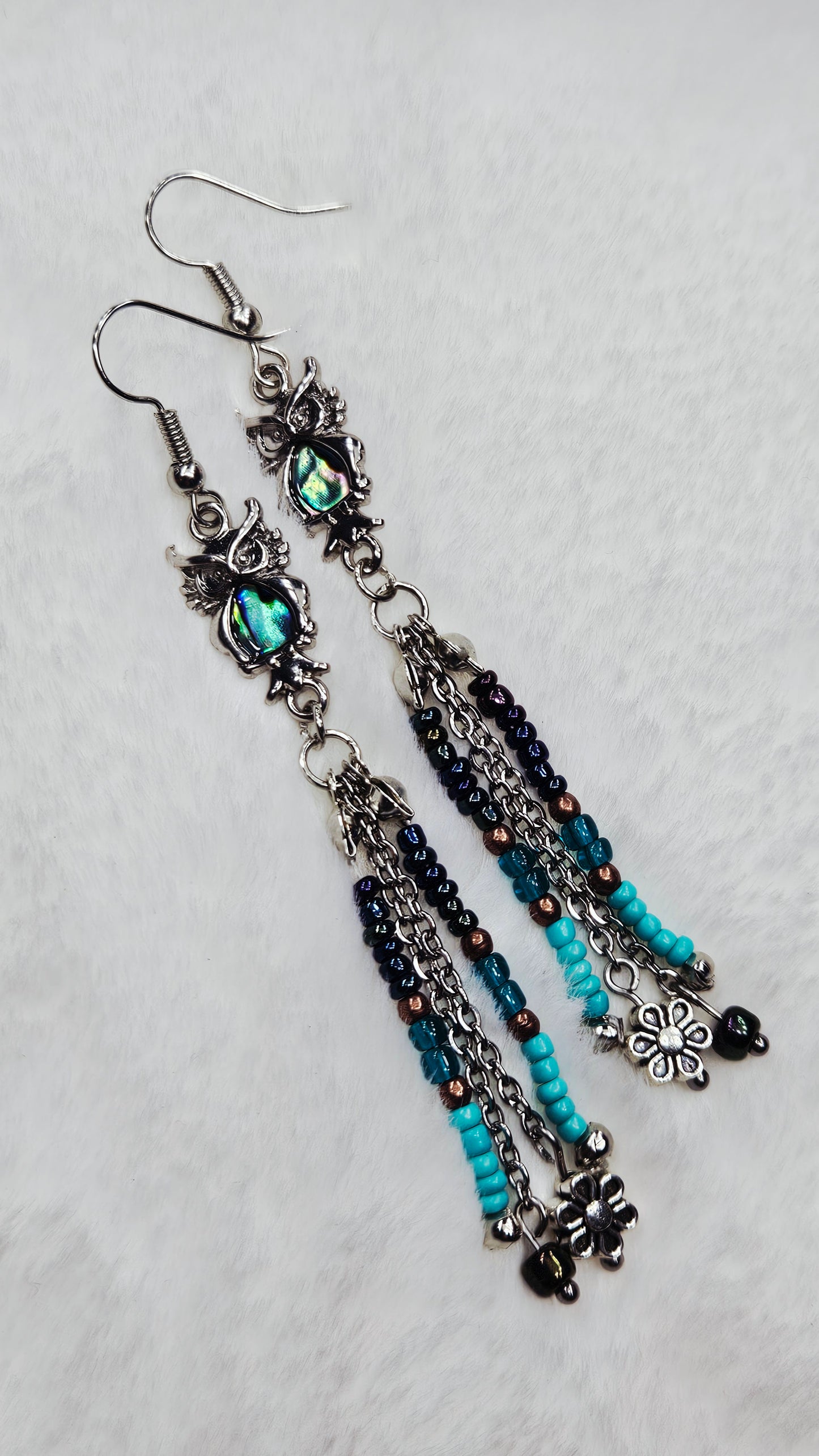 Abalone Owls with Various Seed Bead and Chain Tassel Dangle Earrings