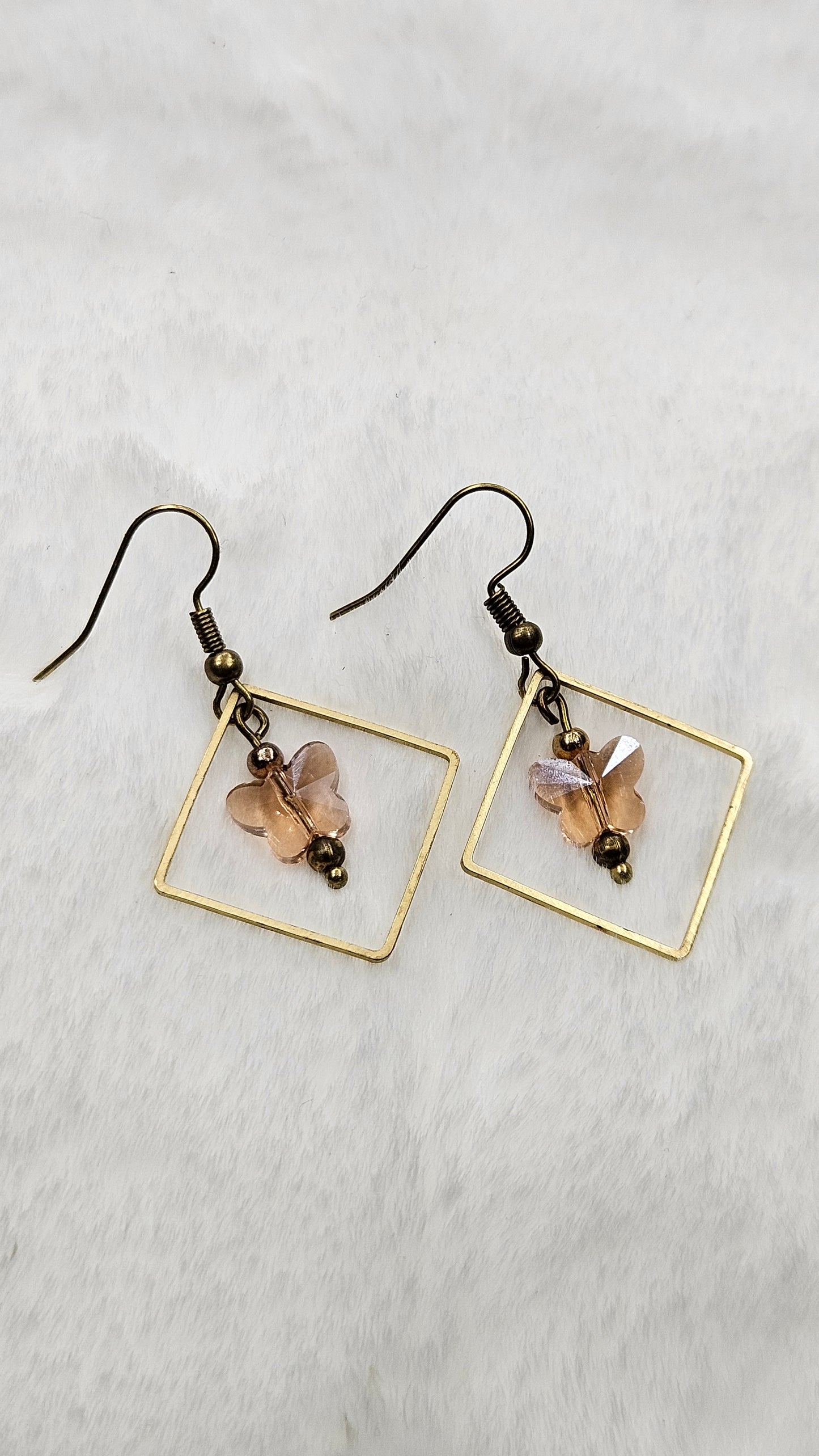 Peach Crystal Butterfly Earrings in Golden Diamond Hoop Dangles on Brass Earwire - 1¾"