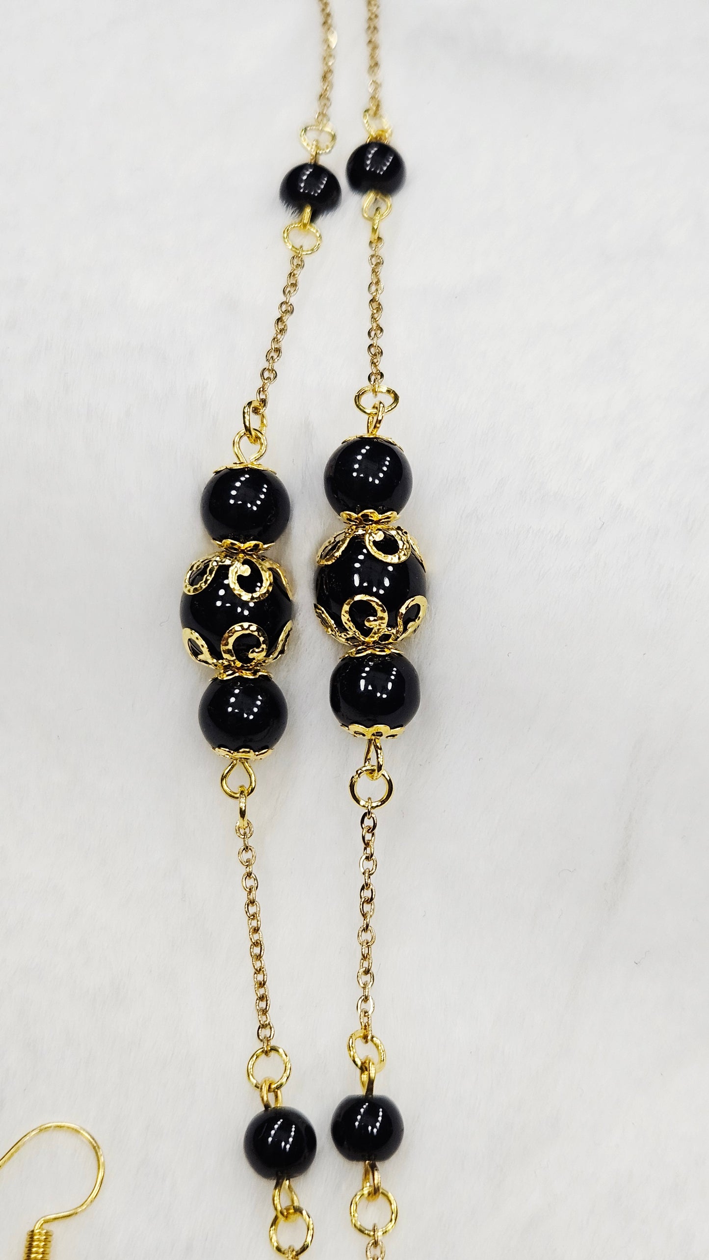 Soft & Sharp Set - Gold Hoops with Spikes and Gold Filigree Capped Black Glass Necklace and Earrings