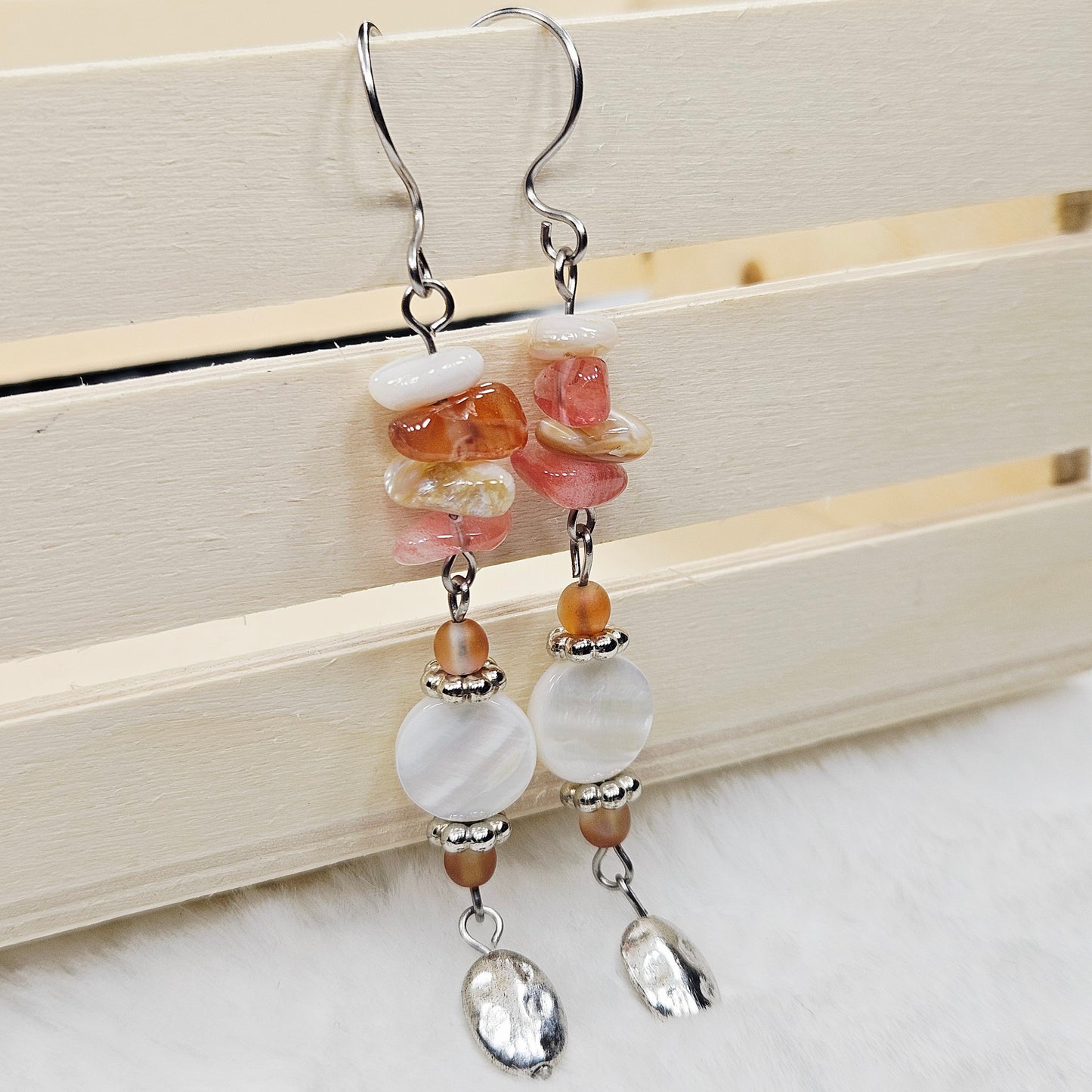 Coral Stone Chip and Pearly Shell Dangles