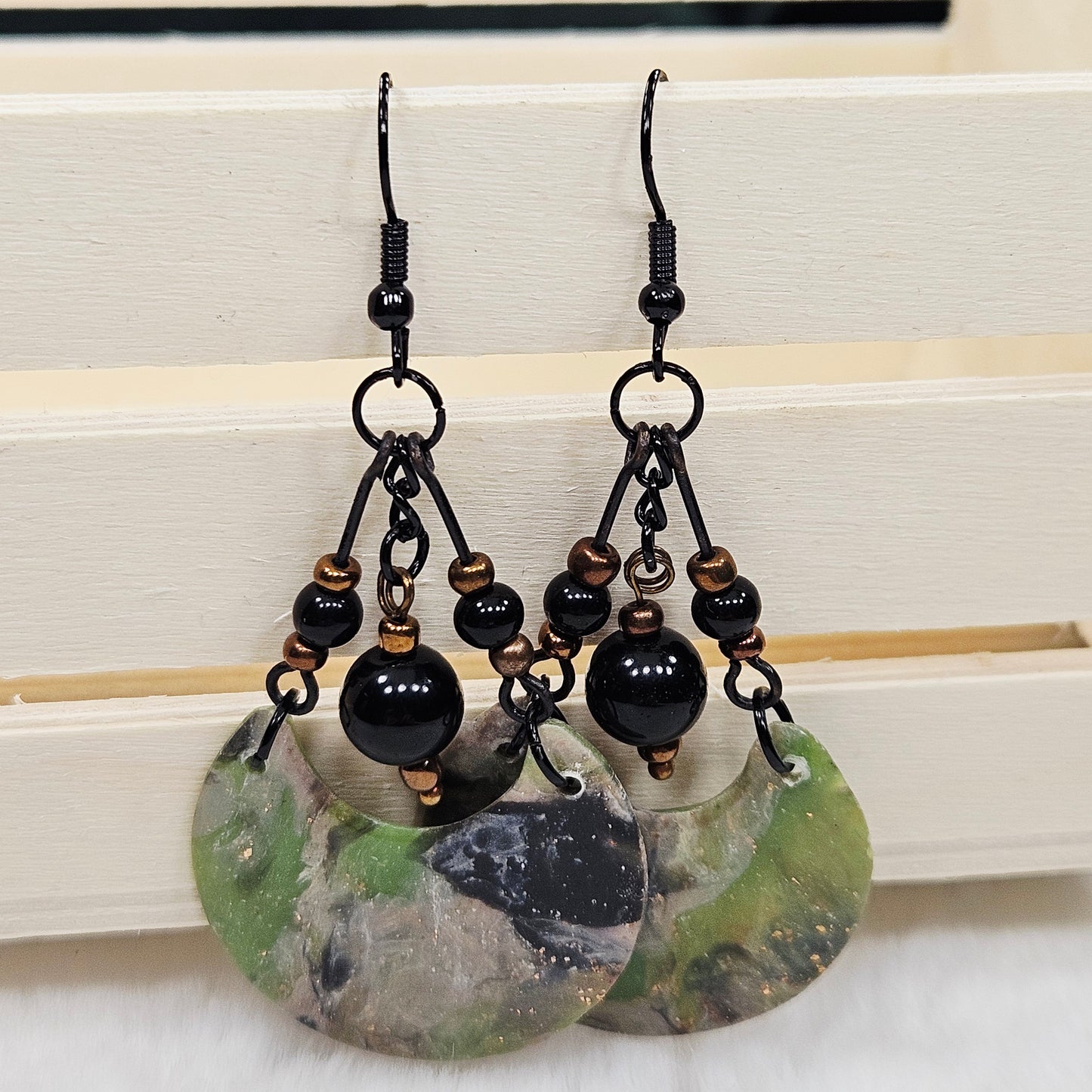 Lime Green Camouflage Crescent Polymer Clay Earrings with Black and Bronze Beads