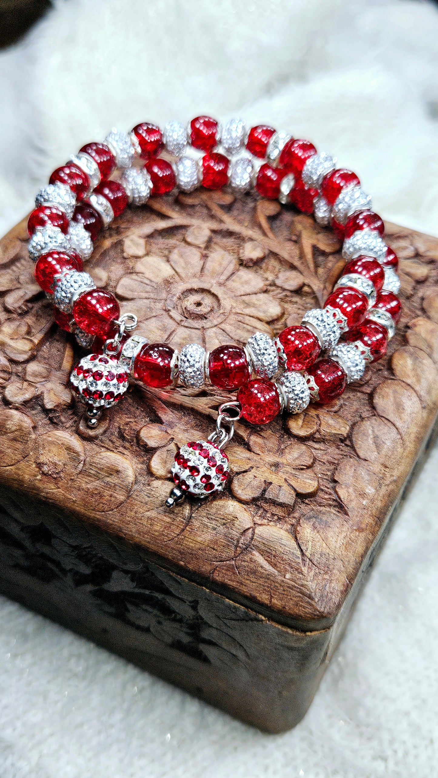 Red Crushed Glass & Gemstones Silver Wrap Bracelet