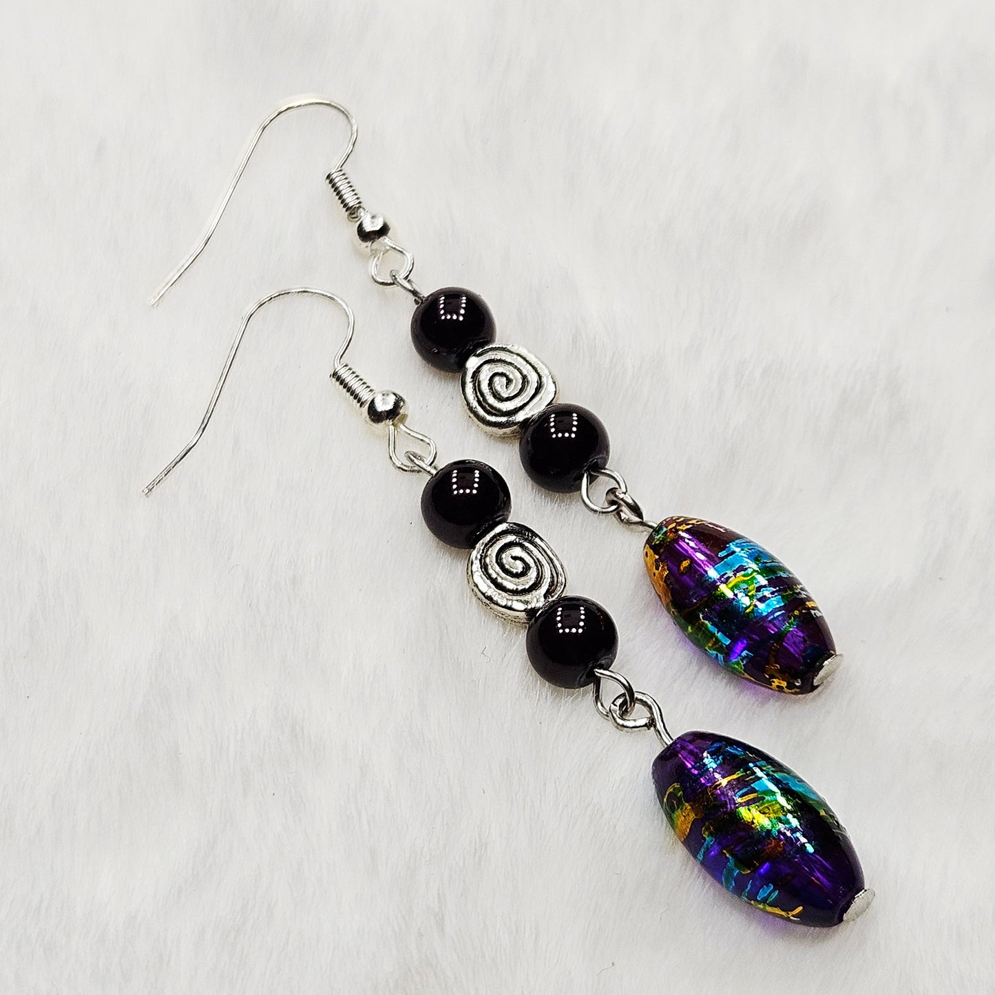 Multicolored Metallic Dangle Earrings with Silver Swirls - 2½"