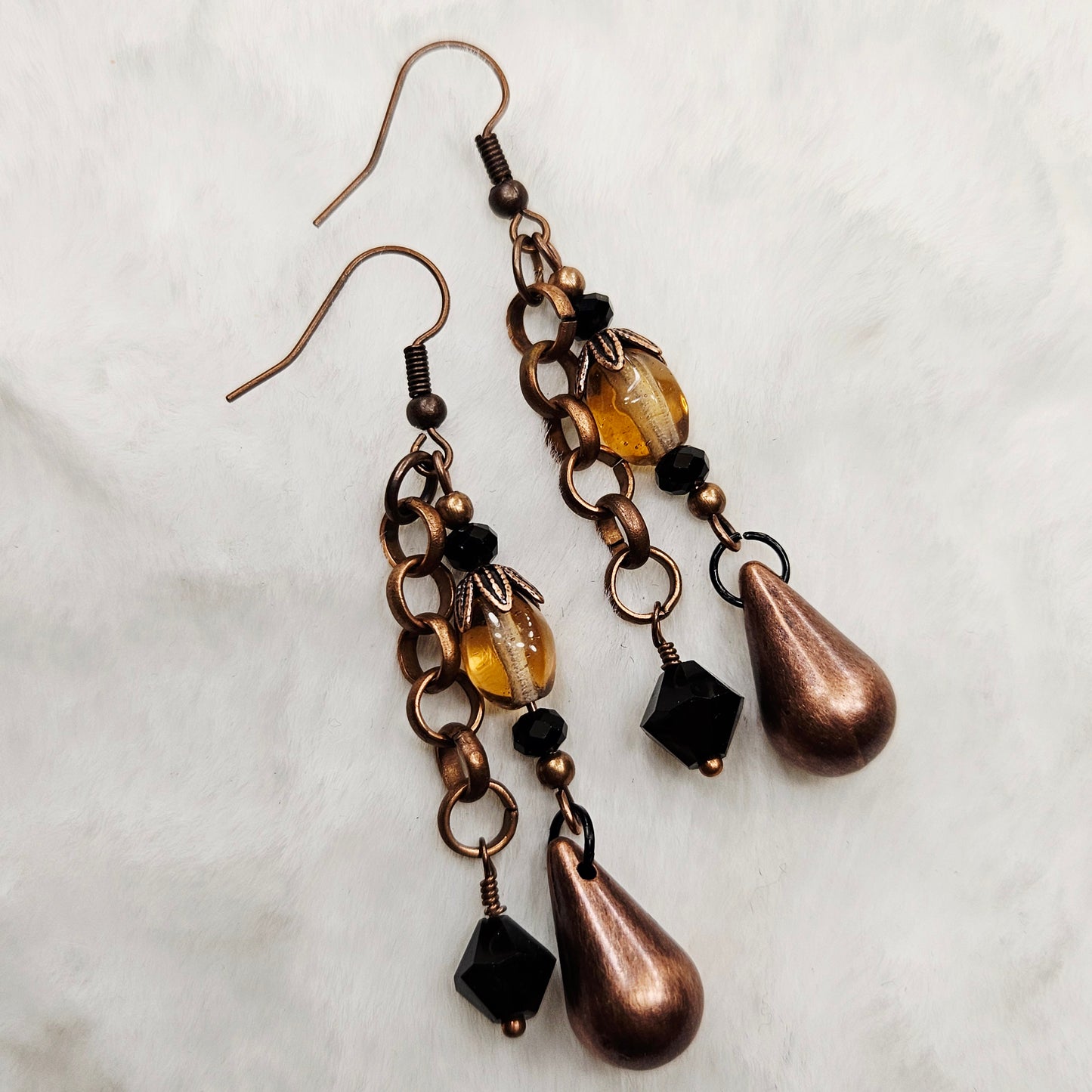 Amber Glass Antiqued Copper Chain Earrings with Black Crystals