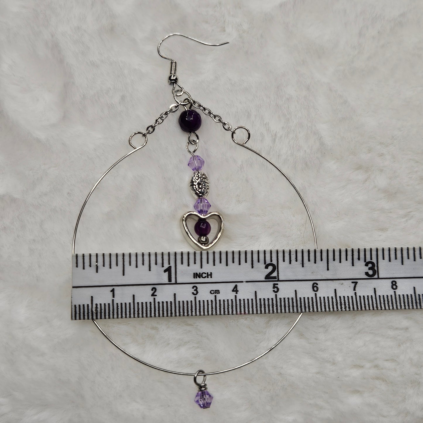 Large Silver Hoop Earrings with Tiny Purple Accents and Heart Dangles