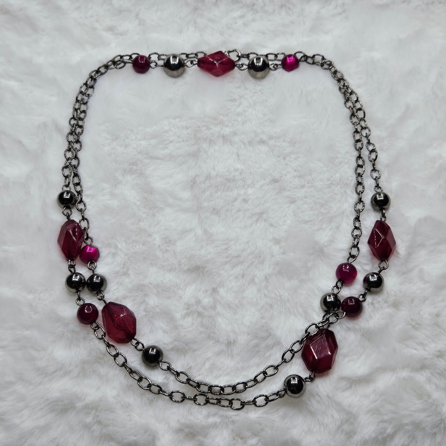 Long Gunmetal Black Chain and Dark Pink Beaded Necklace