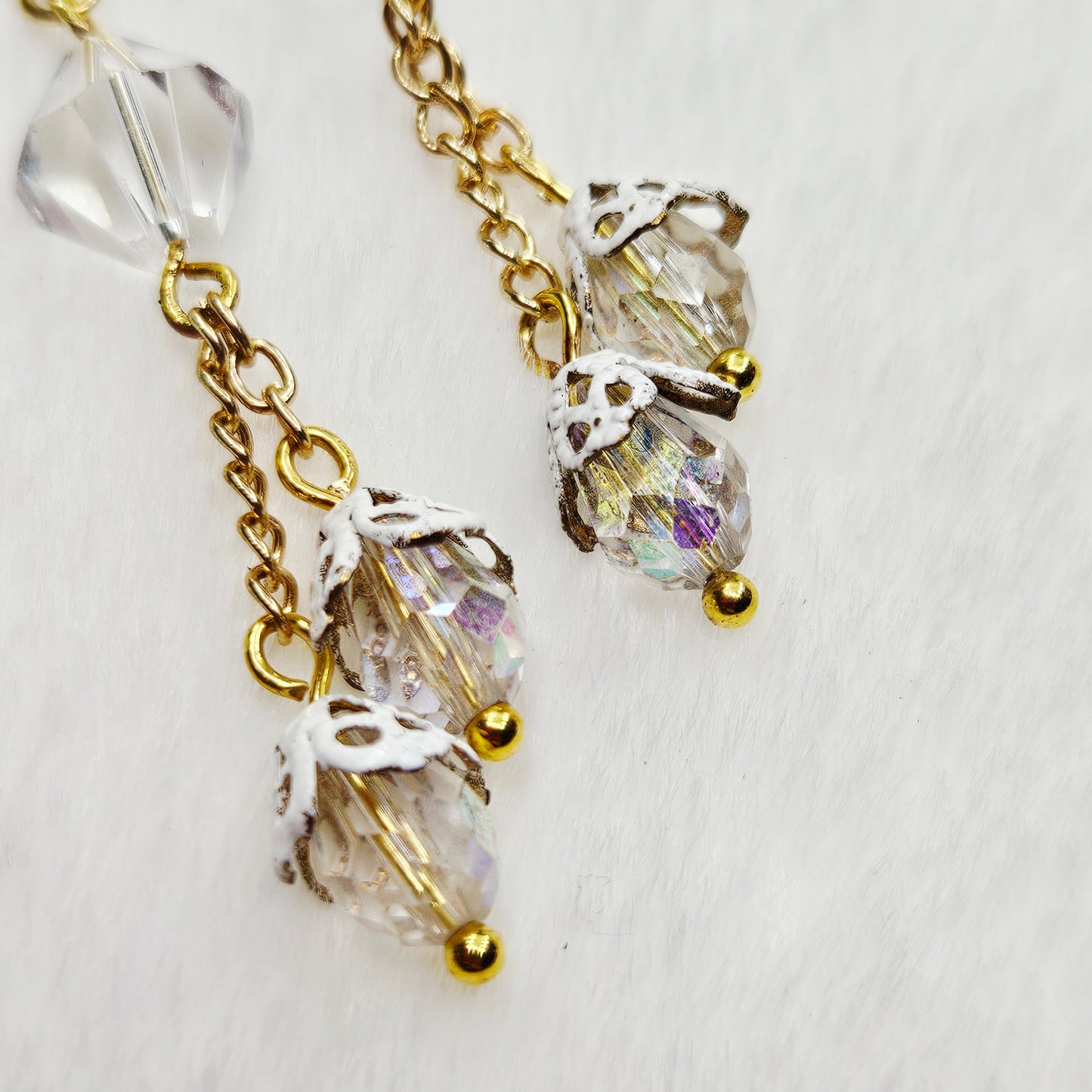 Iridescent Crystal Teardrop Drop Chain Dangle Earrings with White Filigree Bell Caps - 2¾"