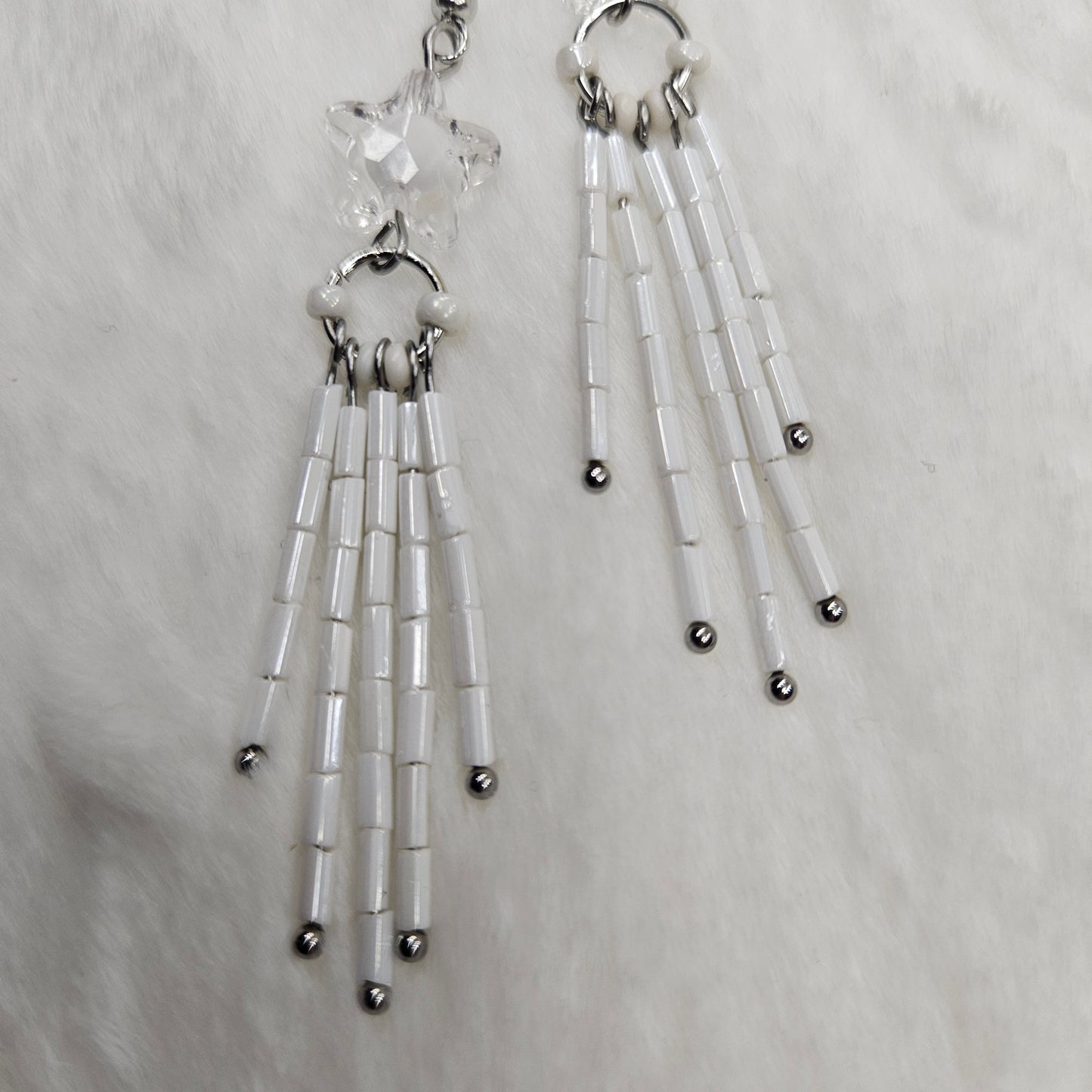 White Crystal Star Burst Earrings with Long Bugle Beaded Tassels