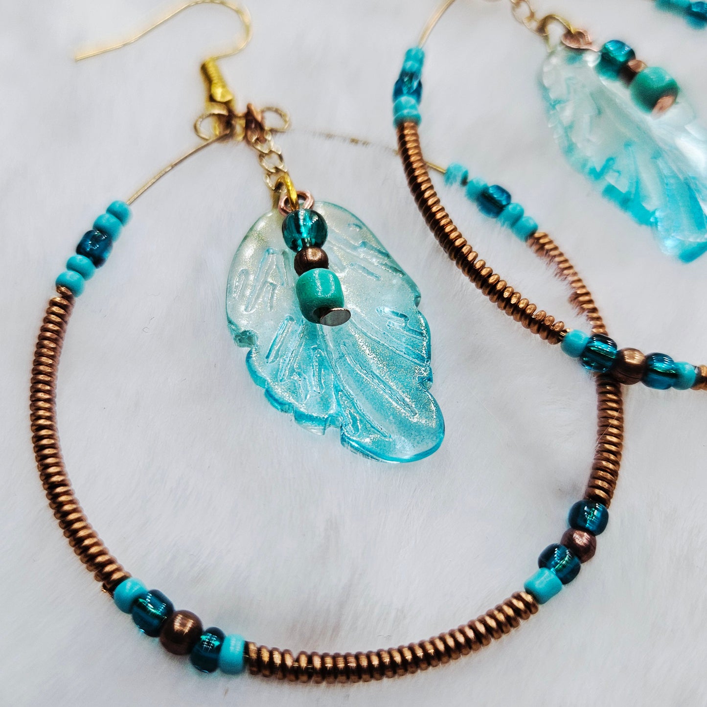 Boho Gold & Copper Wire Wrapped Hoops with Teal Blue Feathers and Seed Beads