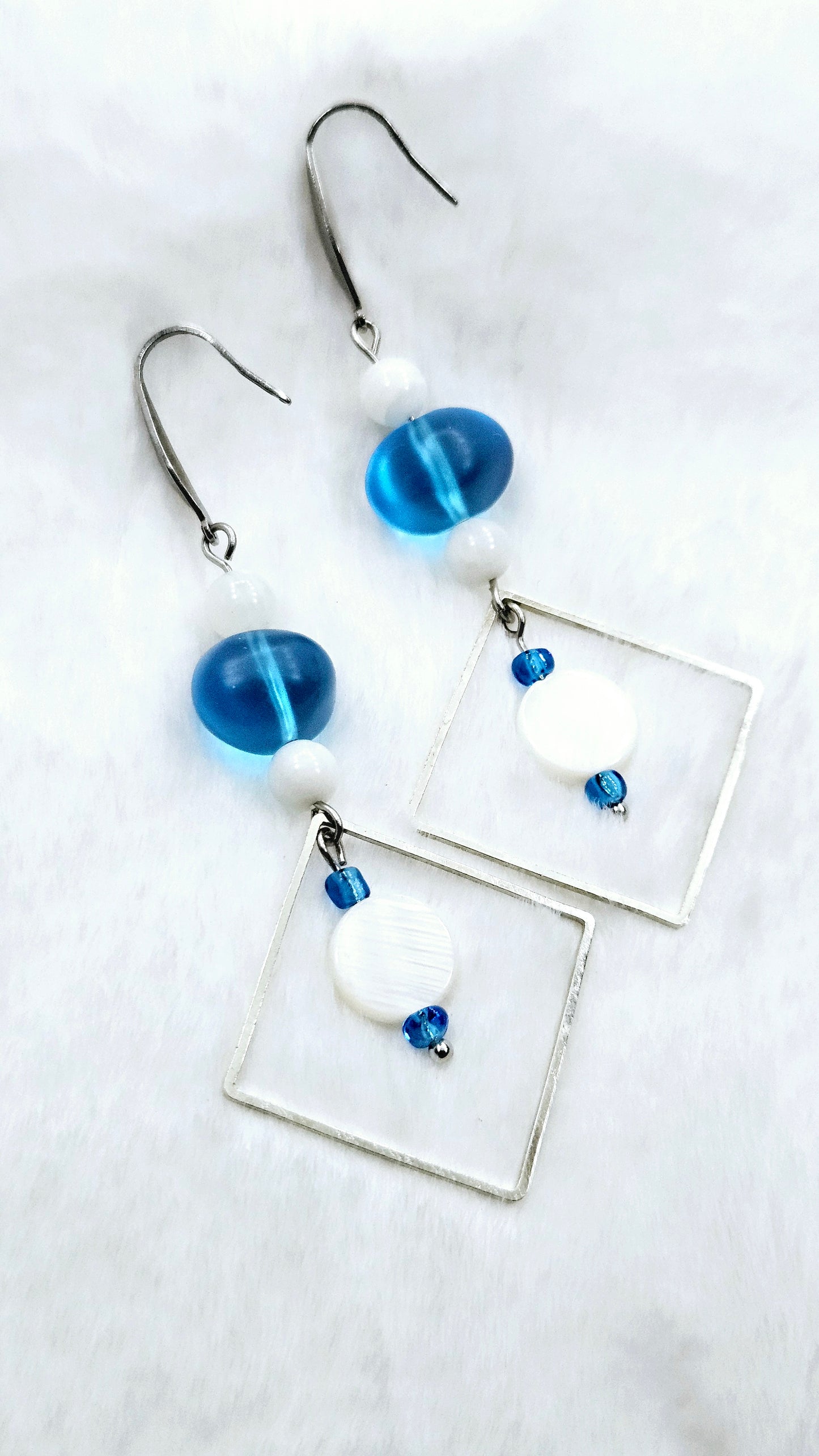 Deep Sky Blue & Pearl Silver Diamond Hoop Dangle Earrings