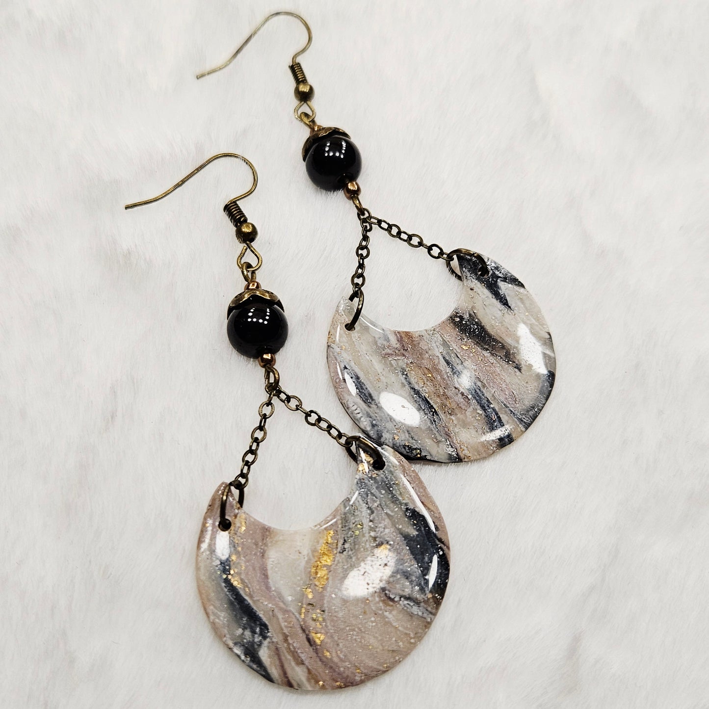 Black and Brown Gold Flake Marble Polymer Clay Crescent Earrings