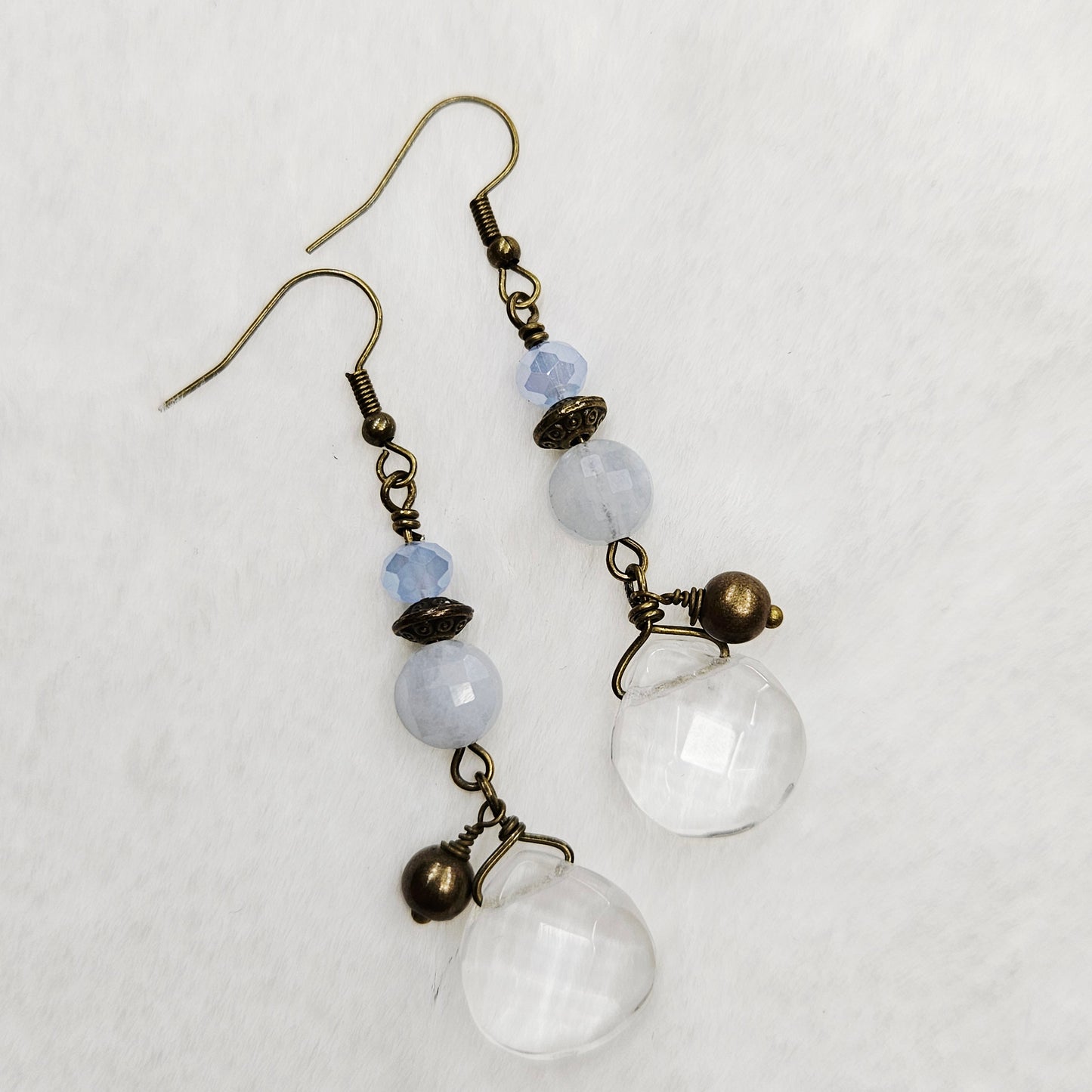Antiqued Brass Baby Blue Natural Stone and Crystal Earrings with Gem Cut Glass and Brass Dangles