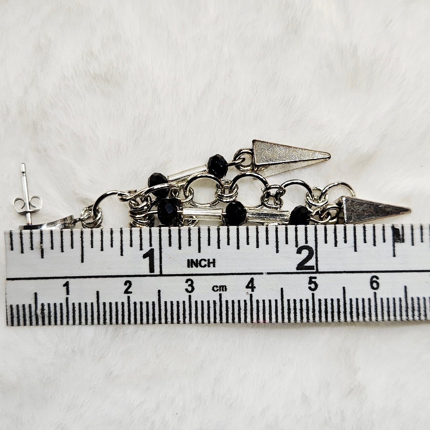 Silver Dagger Chainmail Earrings with Black Crystals