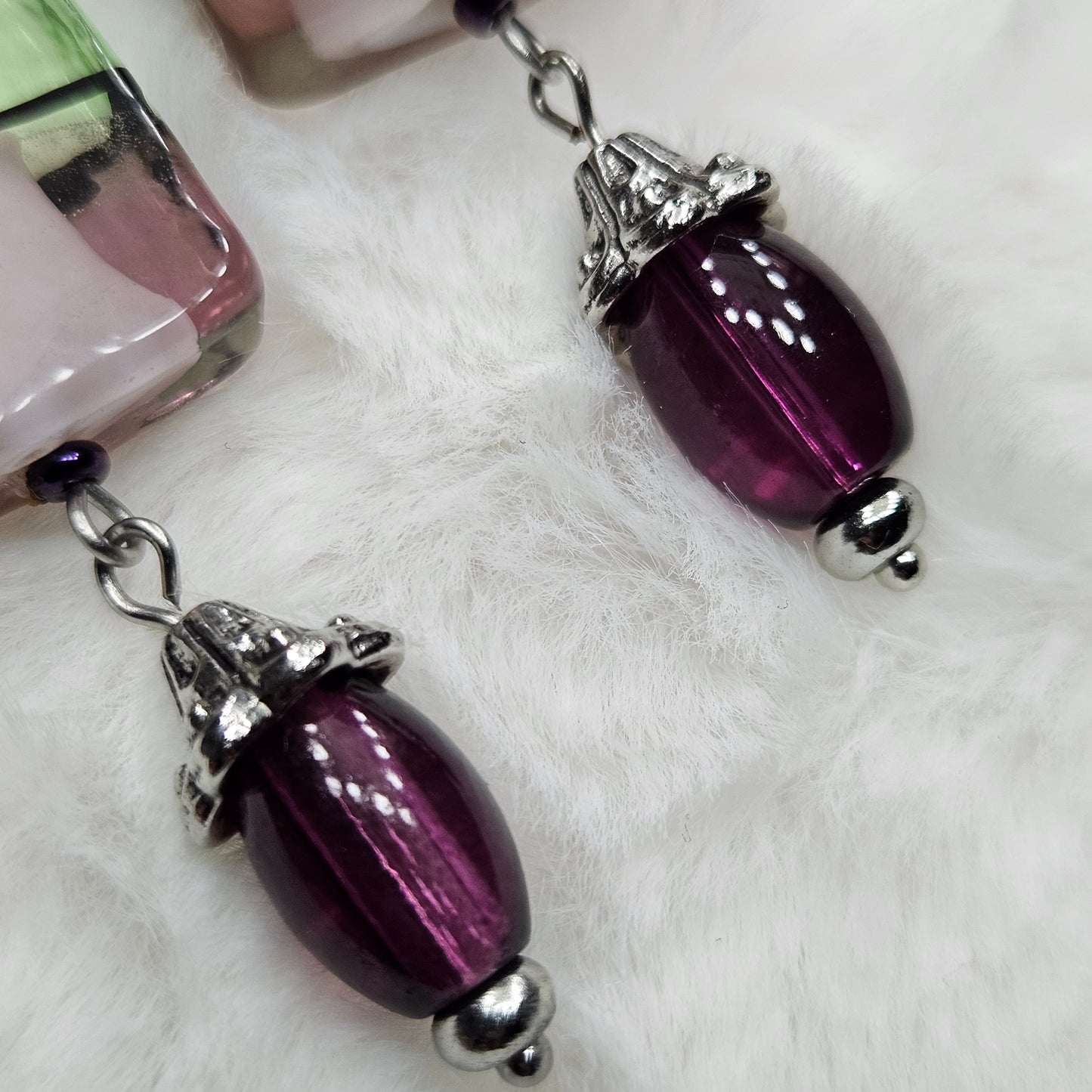 Fun and Funky Green and Purple Square Glass Pendant Necklace and Earrings Set on Silver - 28"/2¾"