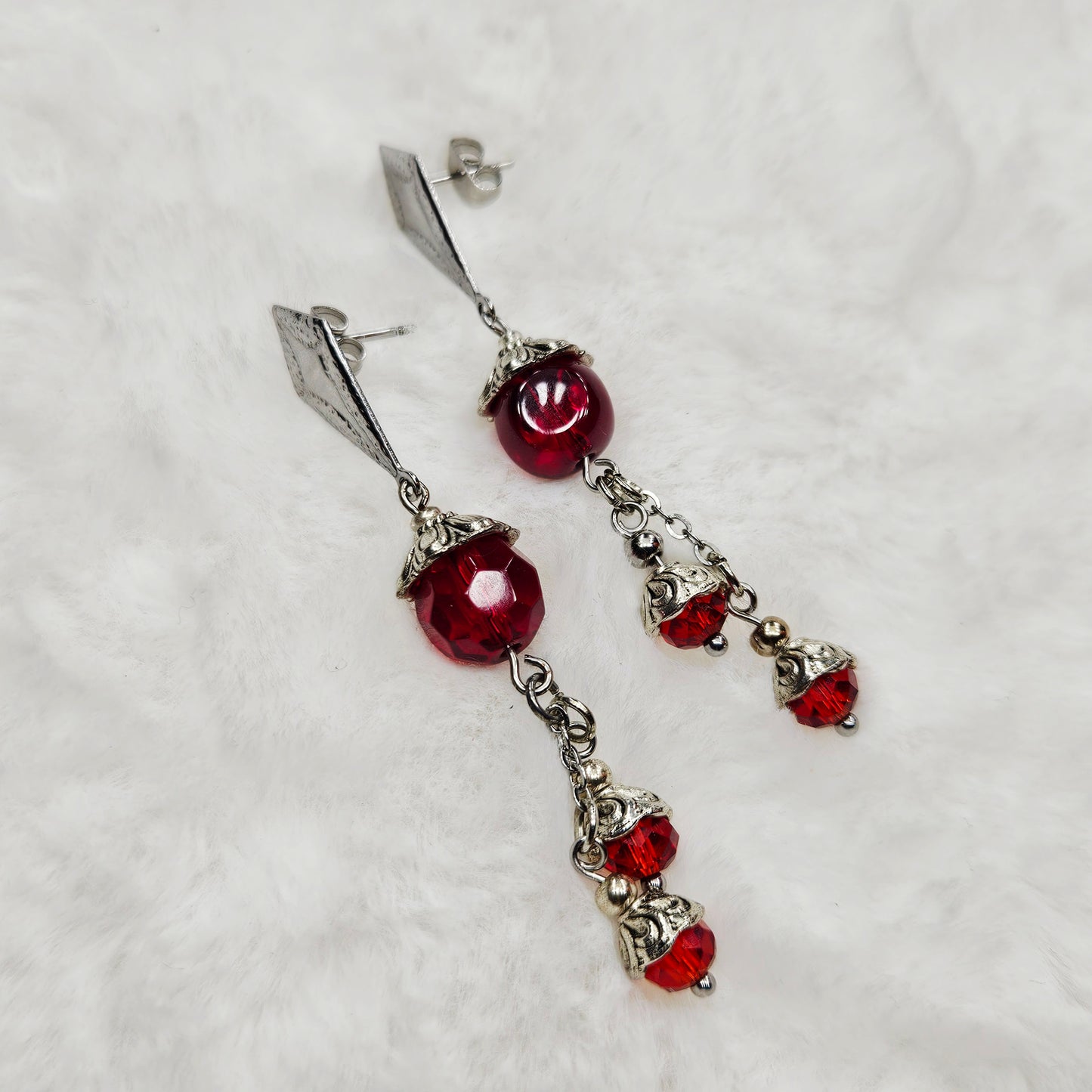 Deep Red Fire-polished Czech Glass Stud Dangle Earrings