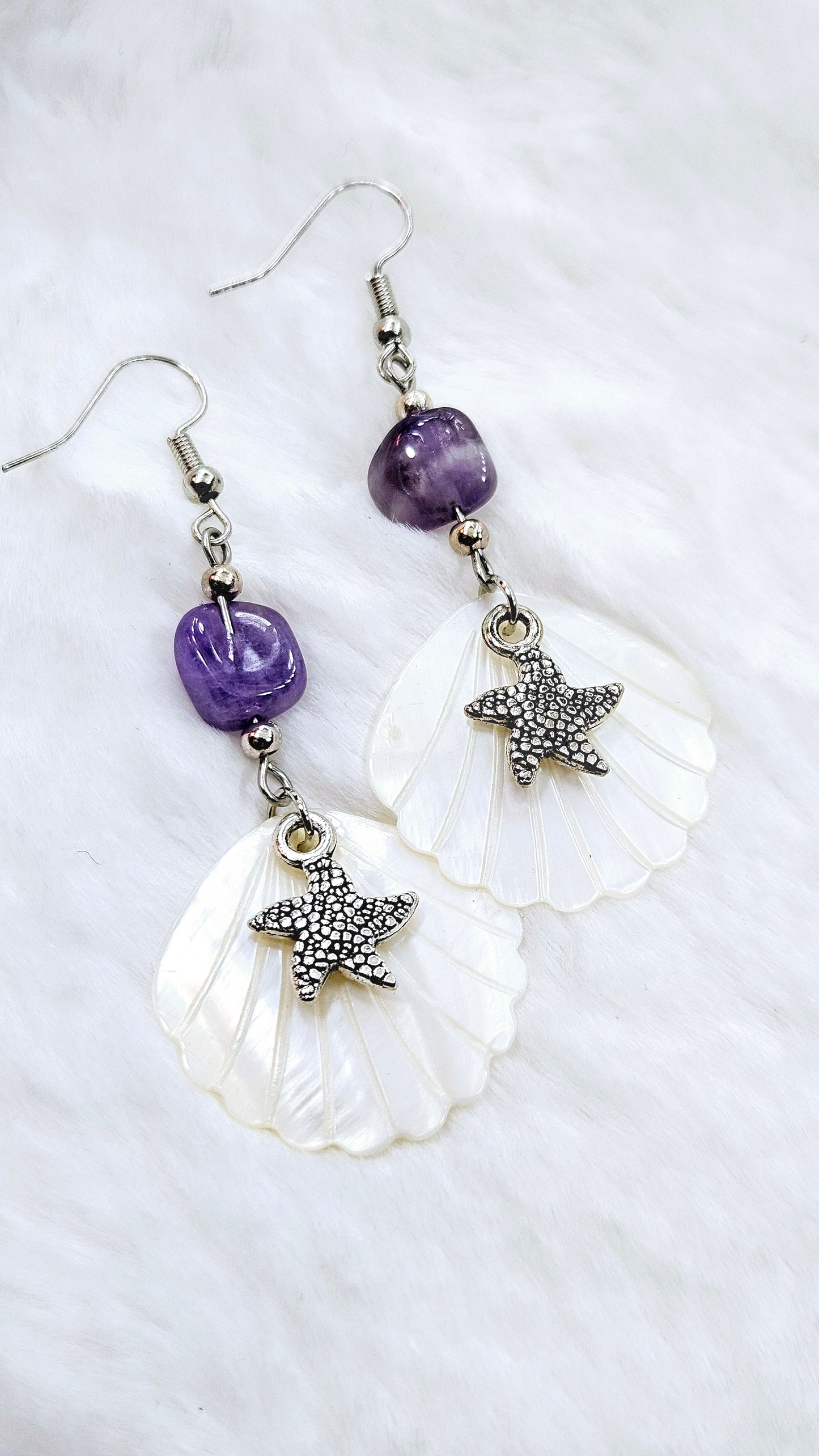 Calming Clams & Starfish: Pearlescent Clam Shells with Silver Starfish Charm & Natural Purple Stone Dangle Earrings
