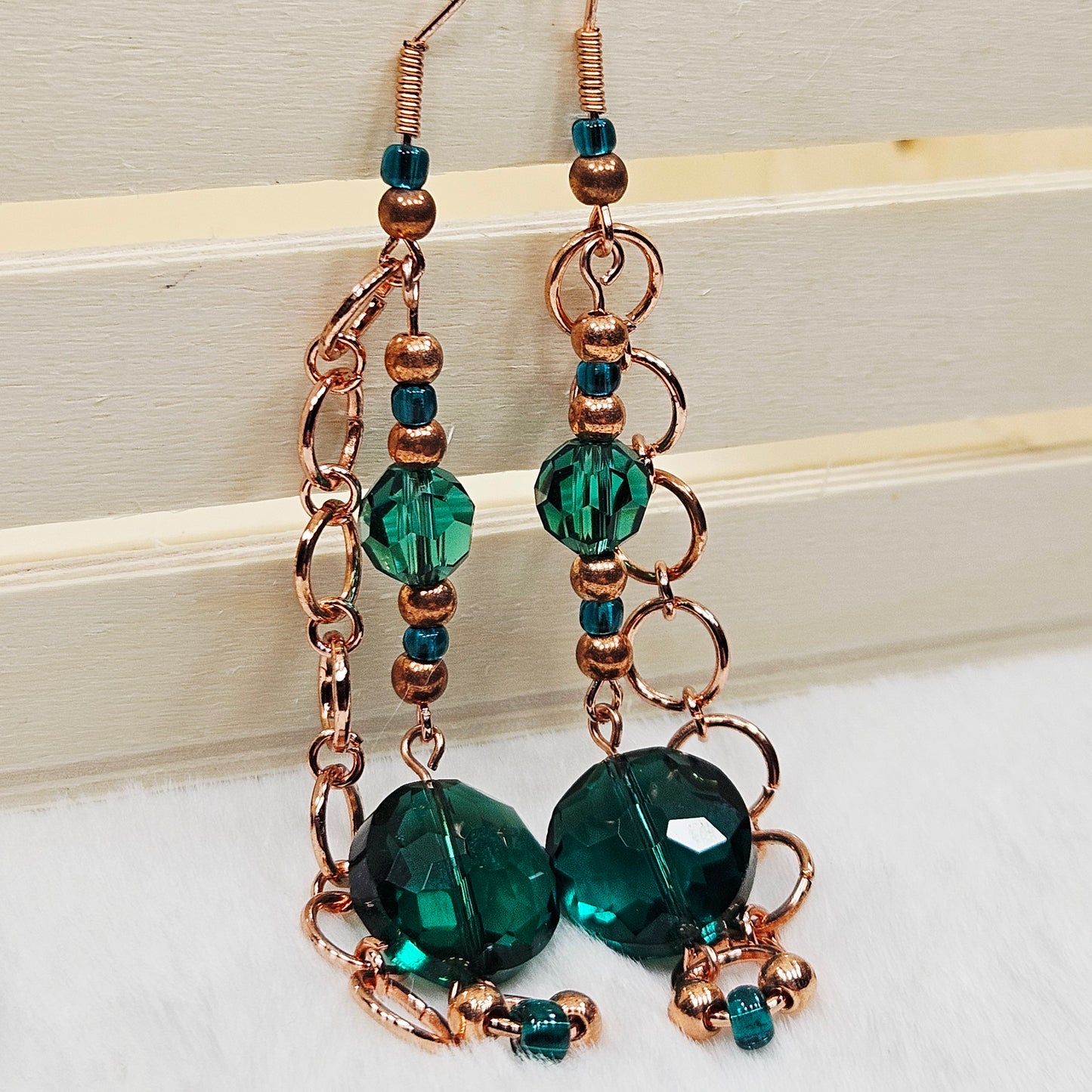 Unique Green Emerald Austrian Crystal and Red Copper Chain Earrings
