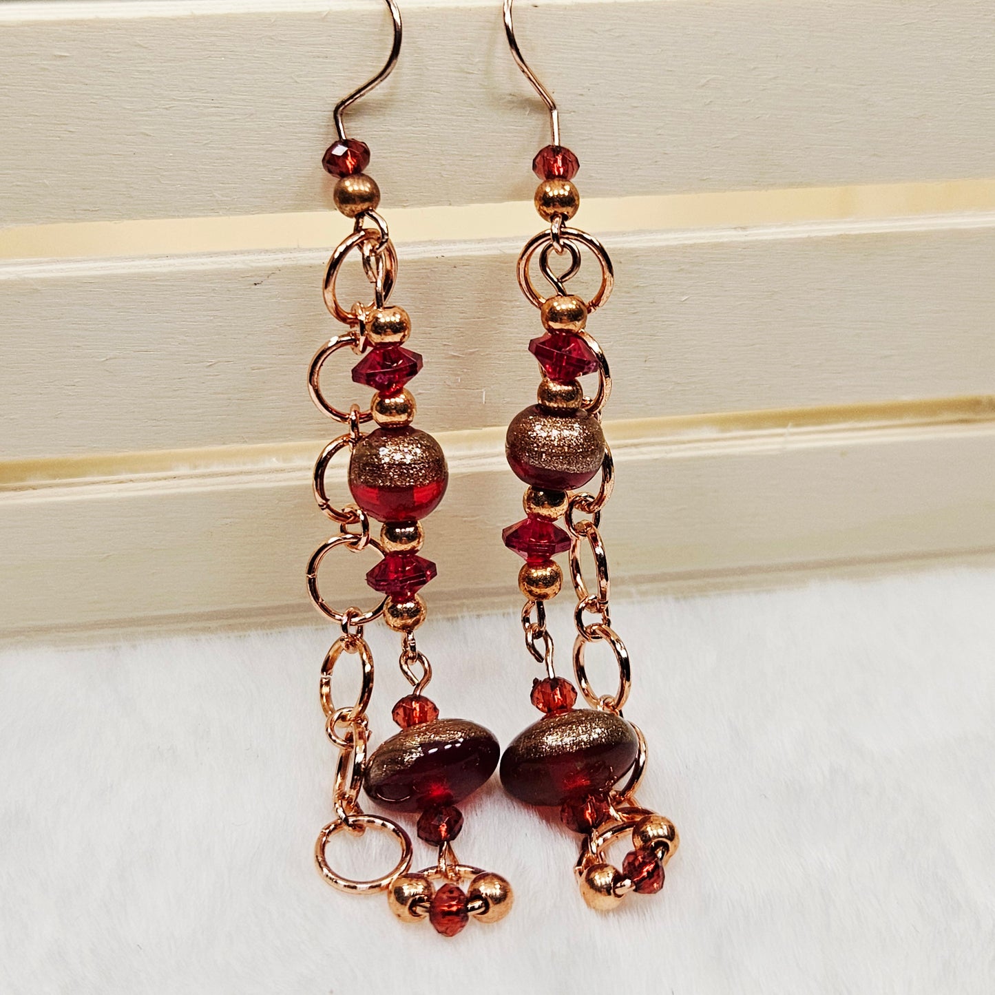 Unique Red Glass and Red Copper Chain Earrings
