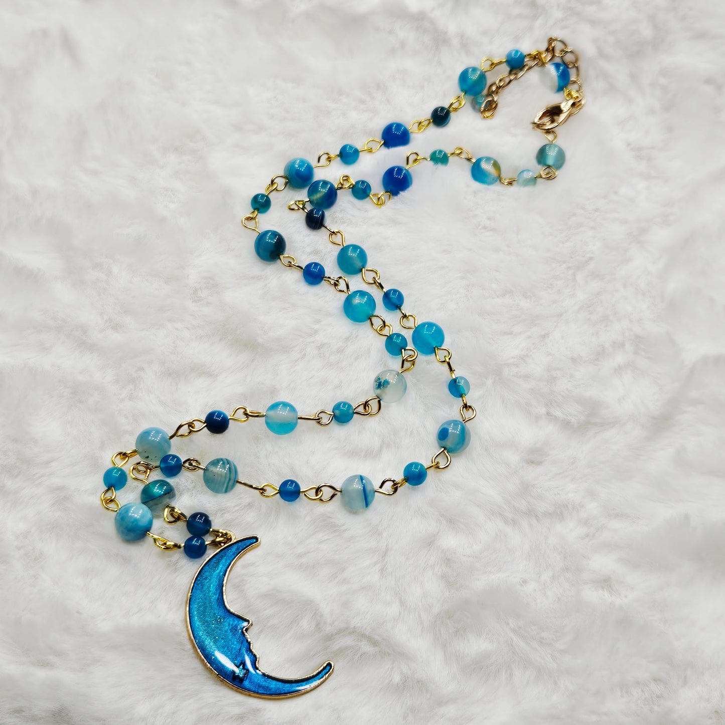 Blue Moon Pendant Necklace with Blue Agate Beaded Chain in Gold