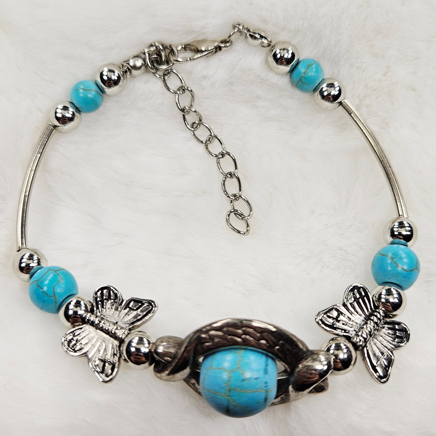 Antiqued Silver Turquoise Howlite Butterfly Bracelet or Anklet