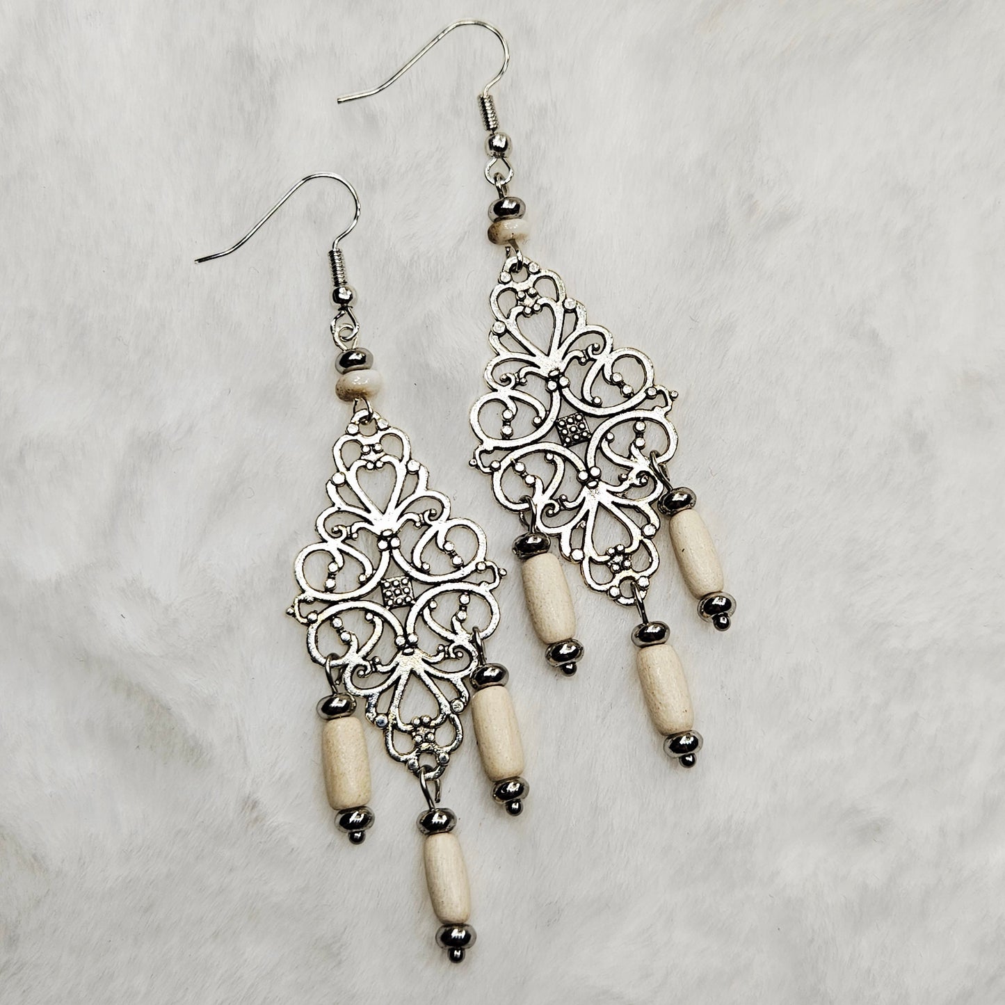 Diamond Antique Silver Tibetan Filigree Rhombus Chandelier Earrings with White Dangles