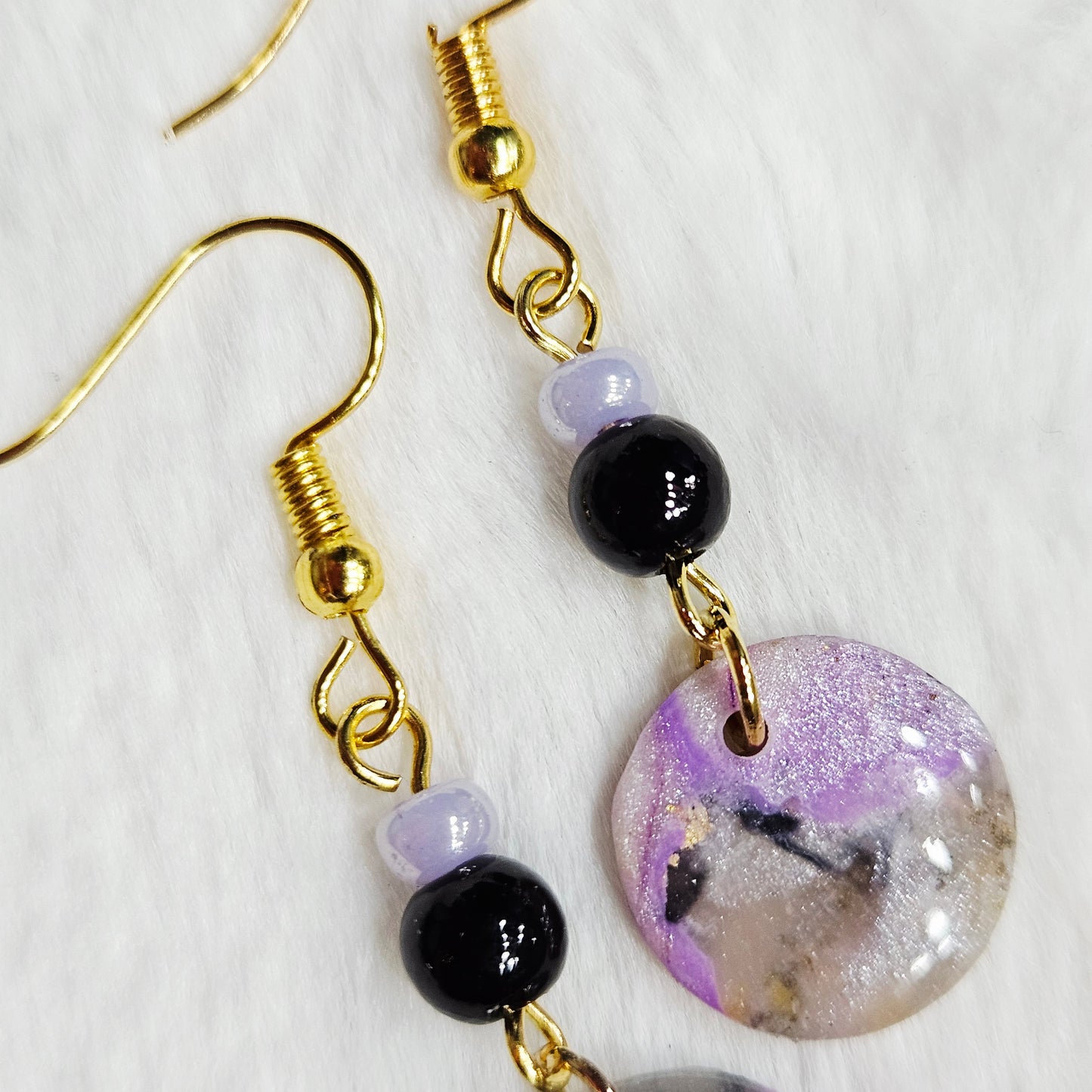 Purple Polymer Clay Marble Danngle Earrings with Black & Light Purple Beads in Gold