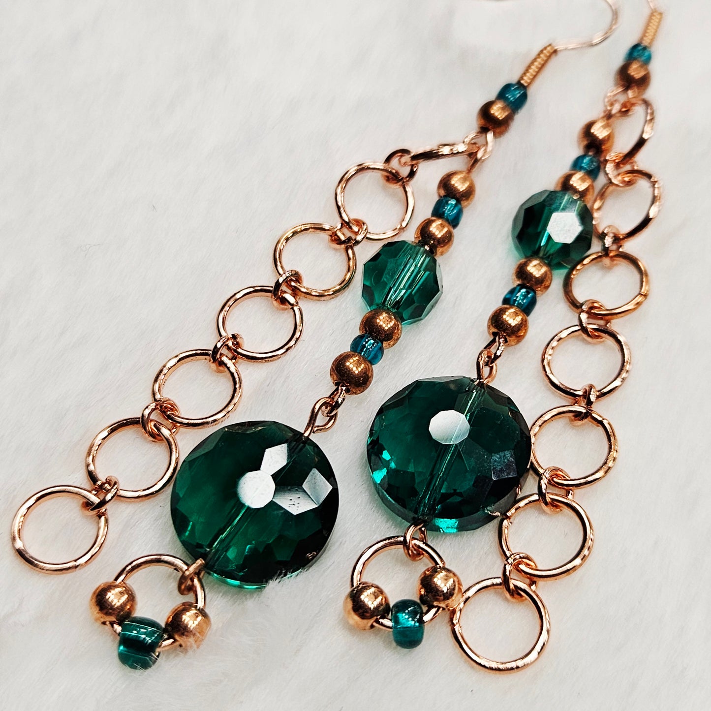 Unique Green Emerald Austrian Crystal and Red Copper Chain Earrings