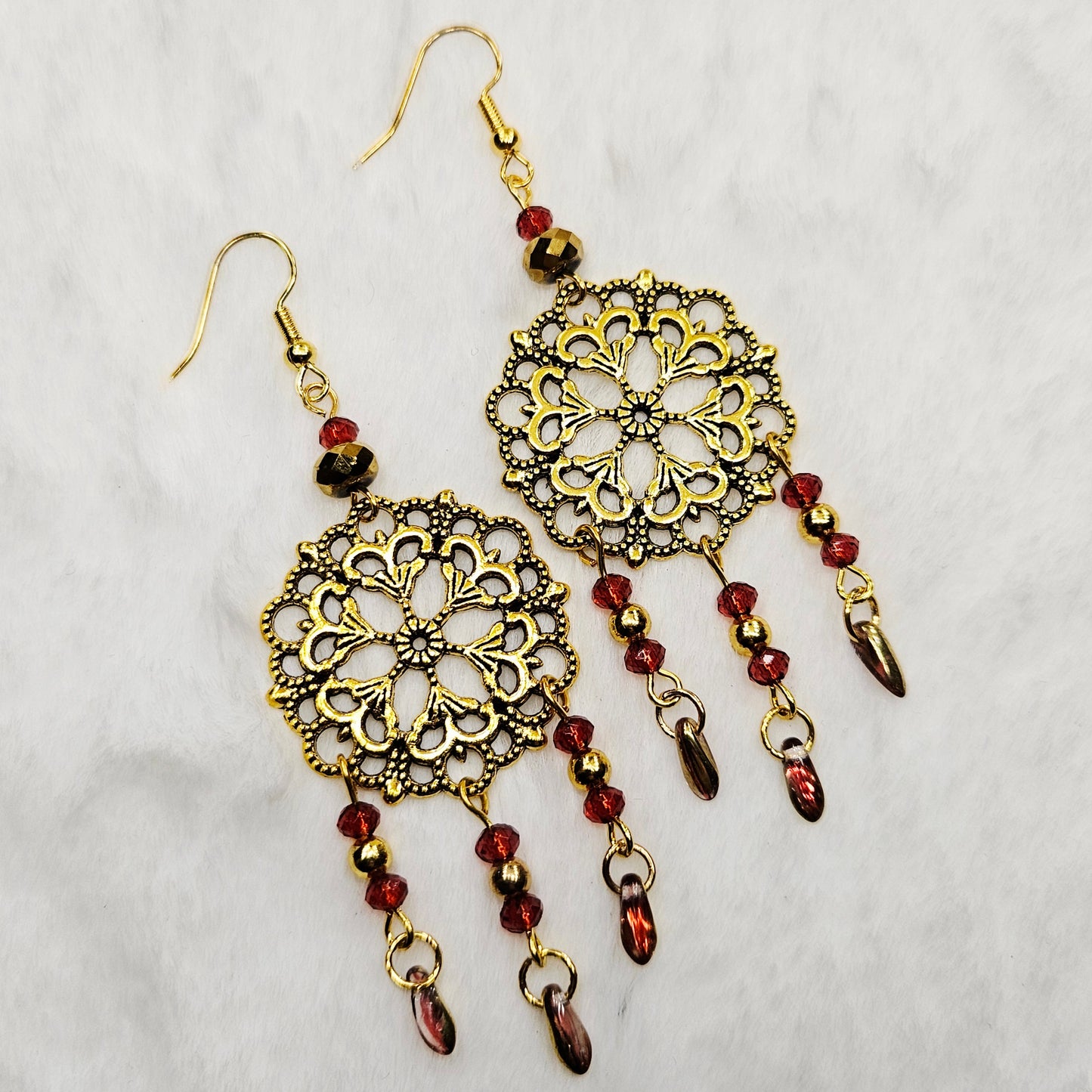 Round Antique Gold Tibetan Filigree Rhombus Chandelier Earrings with Red Dangles