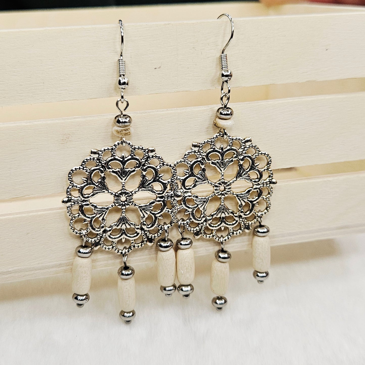 Round Antique Silver Tibetan Filigree Rhombus Chandelier Earrings with White Dangles