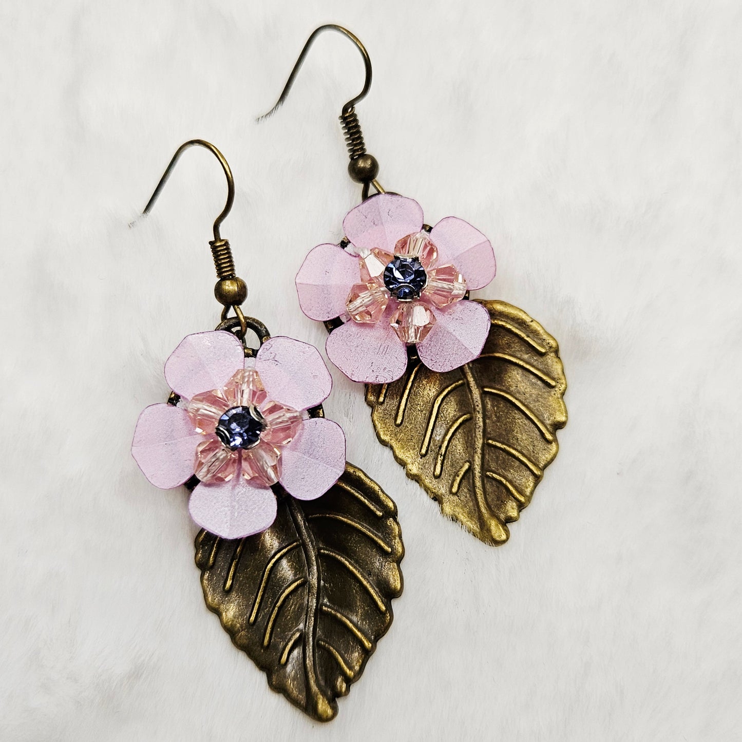 Brass Leaf Earrings with Light Pink Flowers