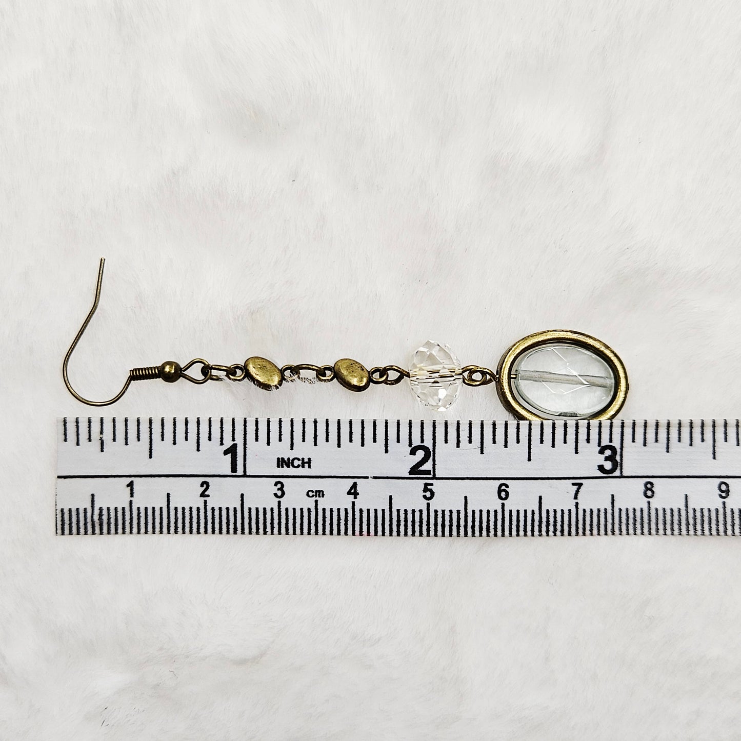 Long Antiqued Brass Earrings with Crystal and Brass-Framed Gem-Cut Rough Glass Dangles