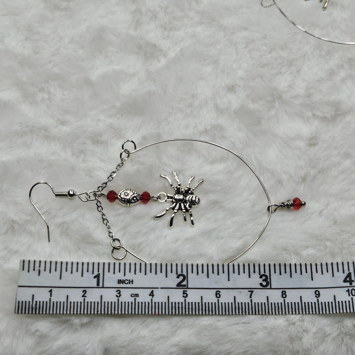 Silver Stainless Steel Hoops with Spider Dangles and Tiny Red Accents - 3½"