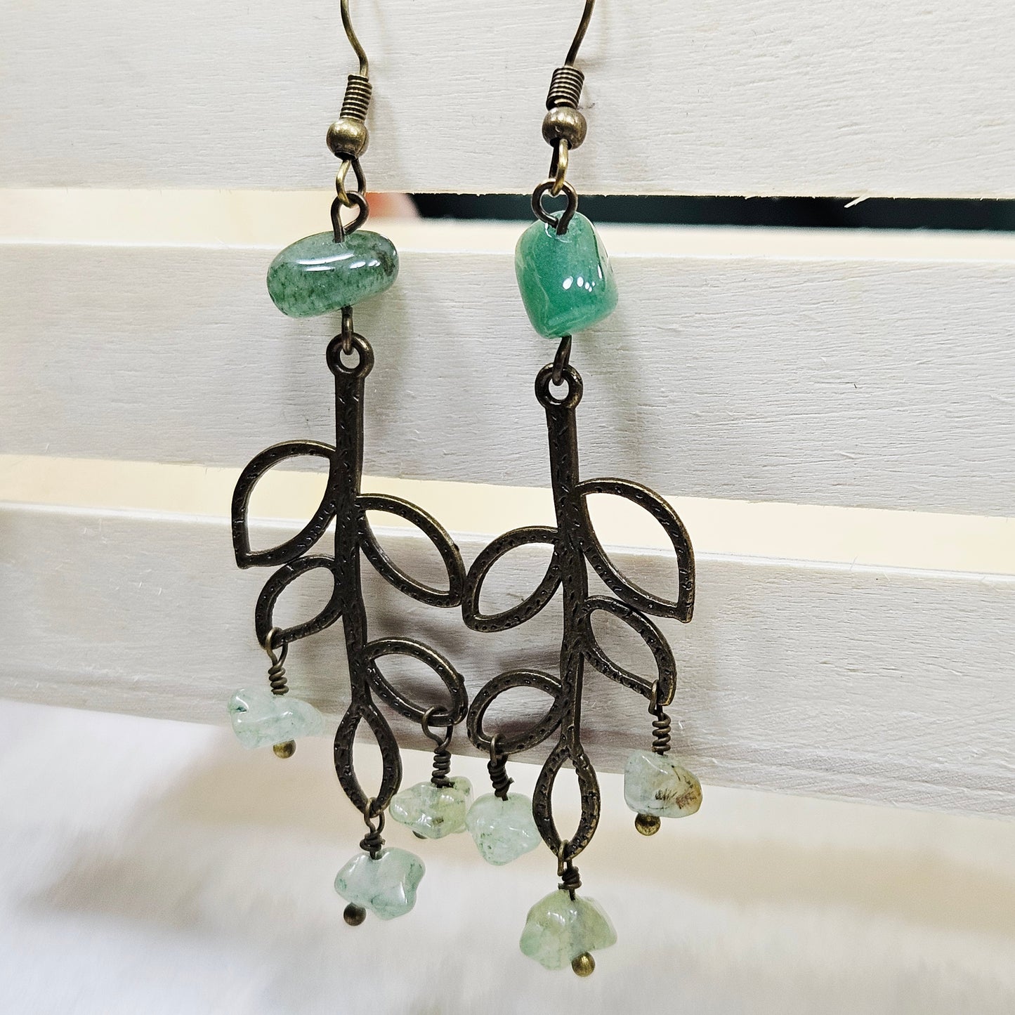 Textured Antique Brass Branch Earrings with Peridot Chip Dangles