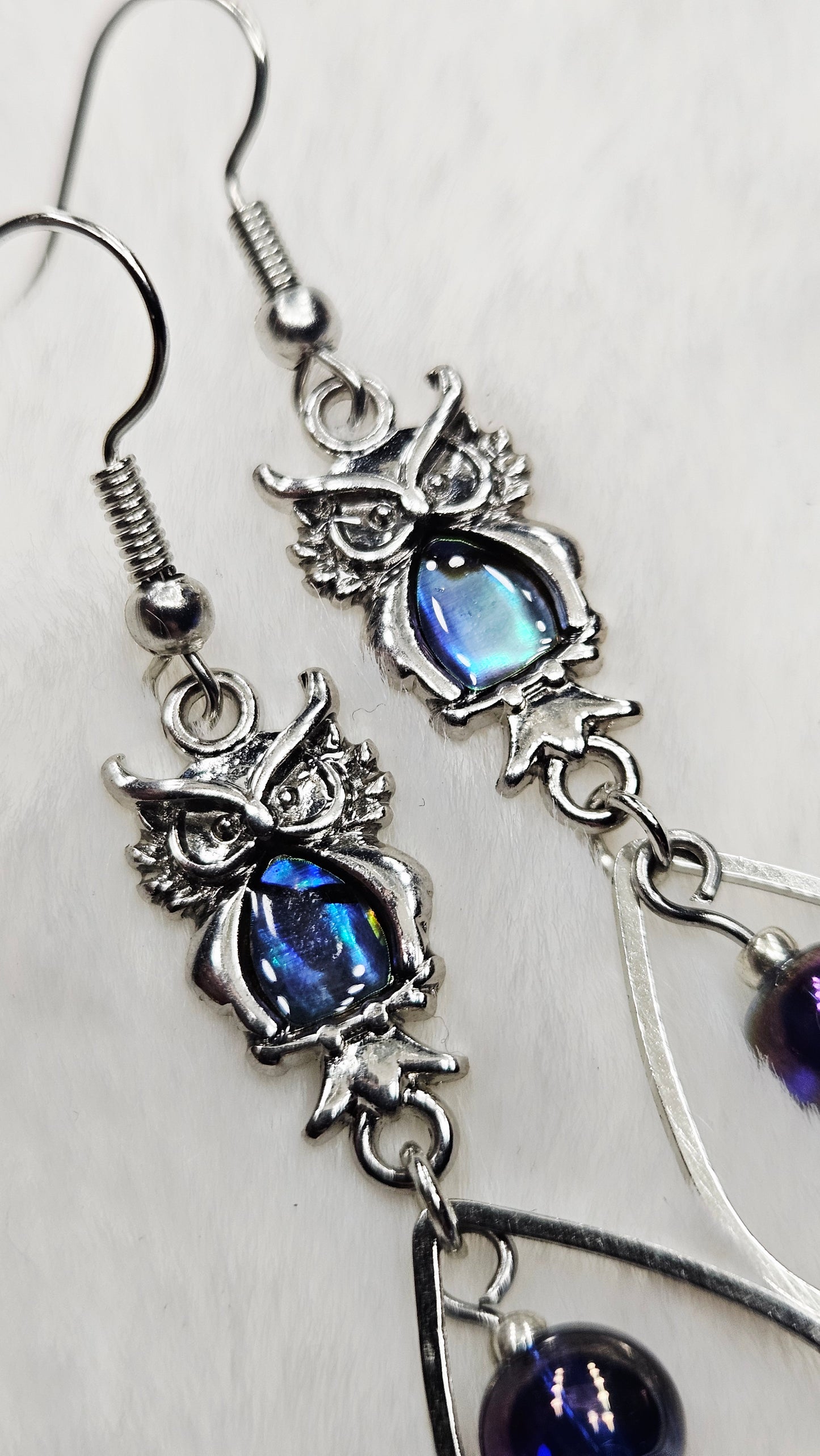 Abalone Owls with Silver Teardrop Hoops and Irridescent Dark Purple Glass Dangle Earrings - 3"
