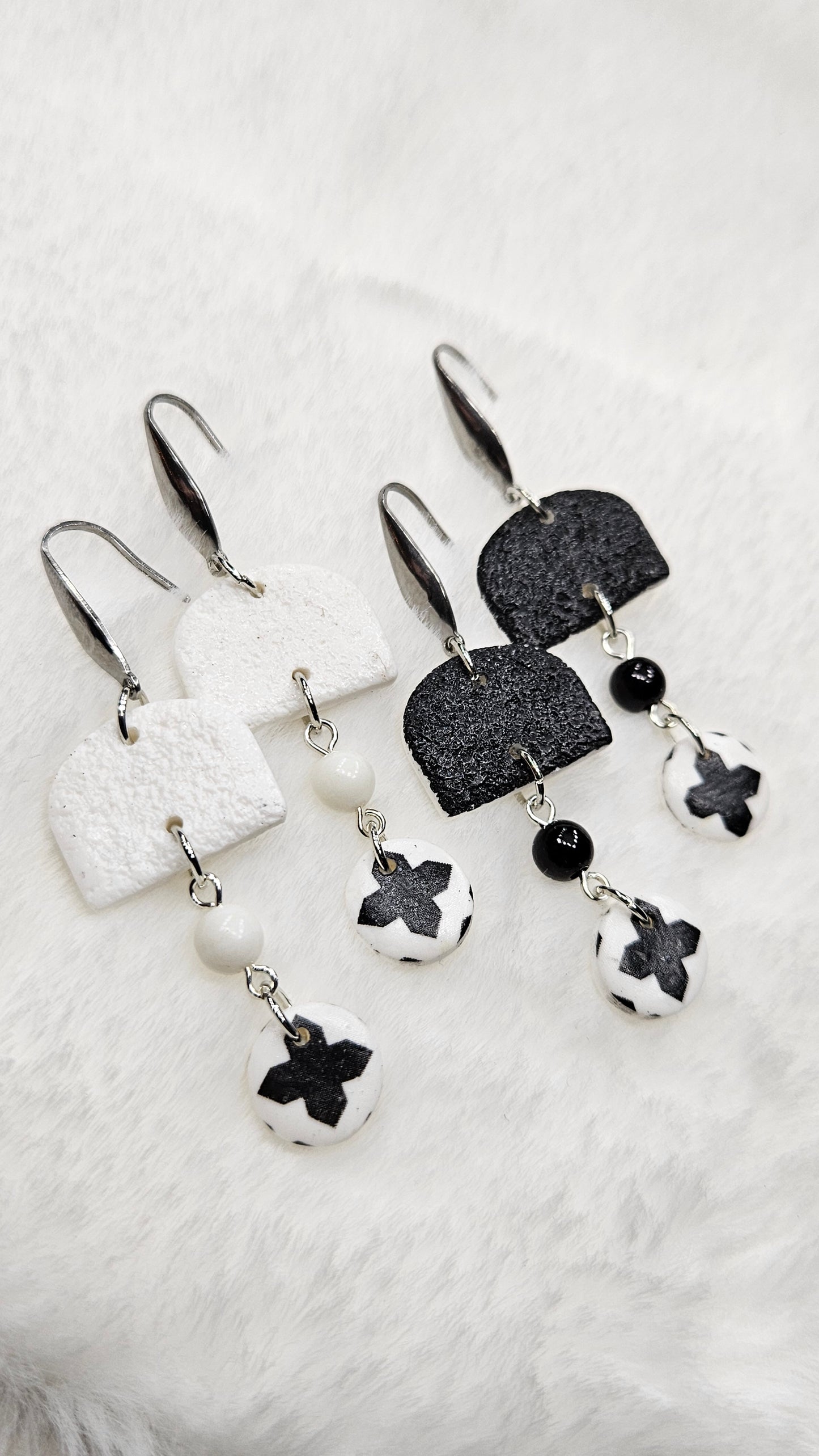 Monochrome Clay Cross Print Button Dangle Earrings with Black or White Arches